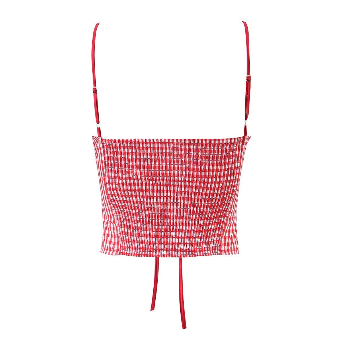 Elegante top a canotta con laccetti sul davanti a pois e quadretti.