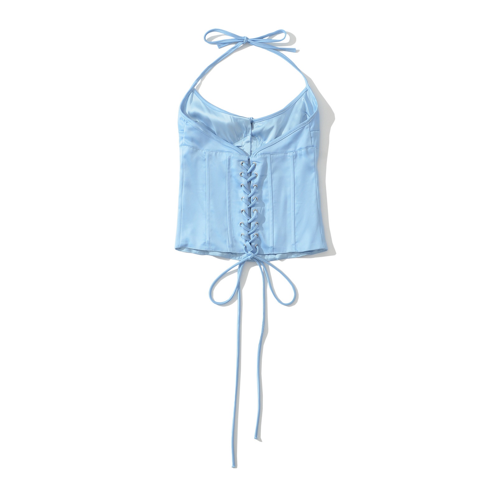 Top a corsetto in raso azzurro cielo con allacciatura al collo e lacci sul retro.