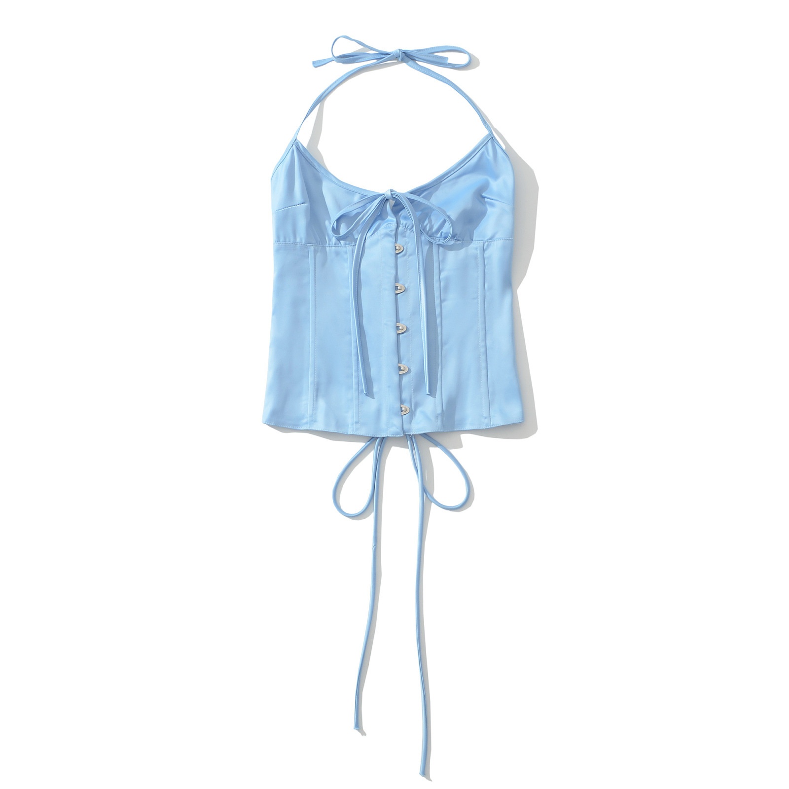 Top a corsetto in raso azzurro cielo con allacciatura al collo e lacci sul retro.