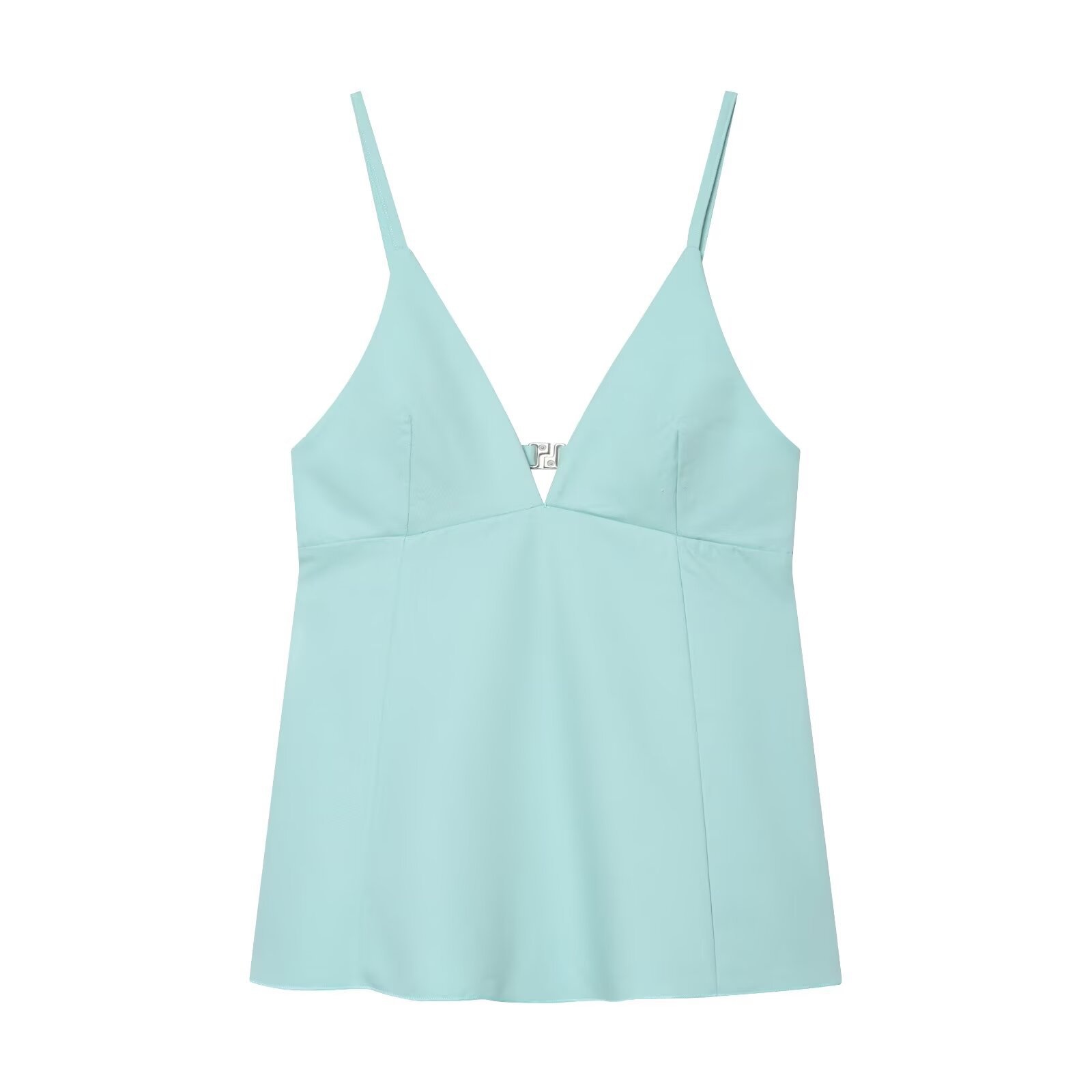 Elegante top a canotta blu menta con scollo a V e chiusura a gancio sul retro.