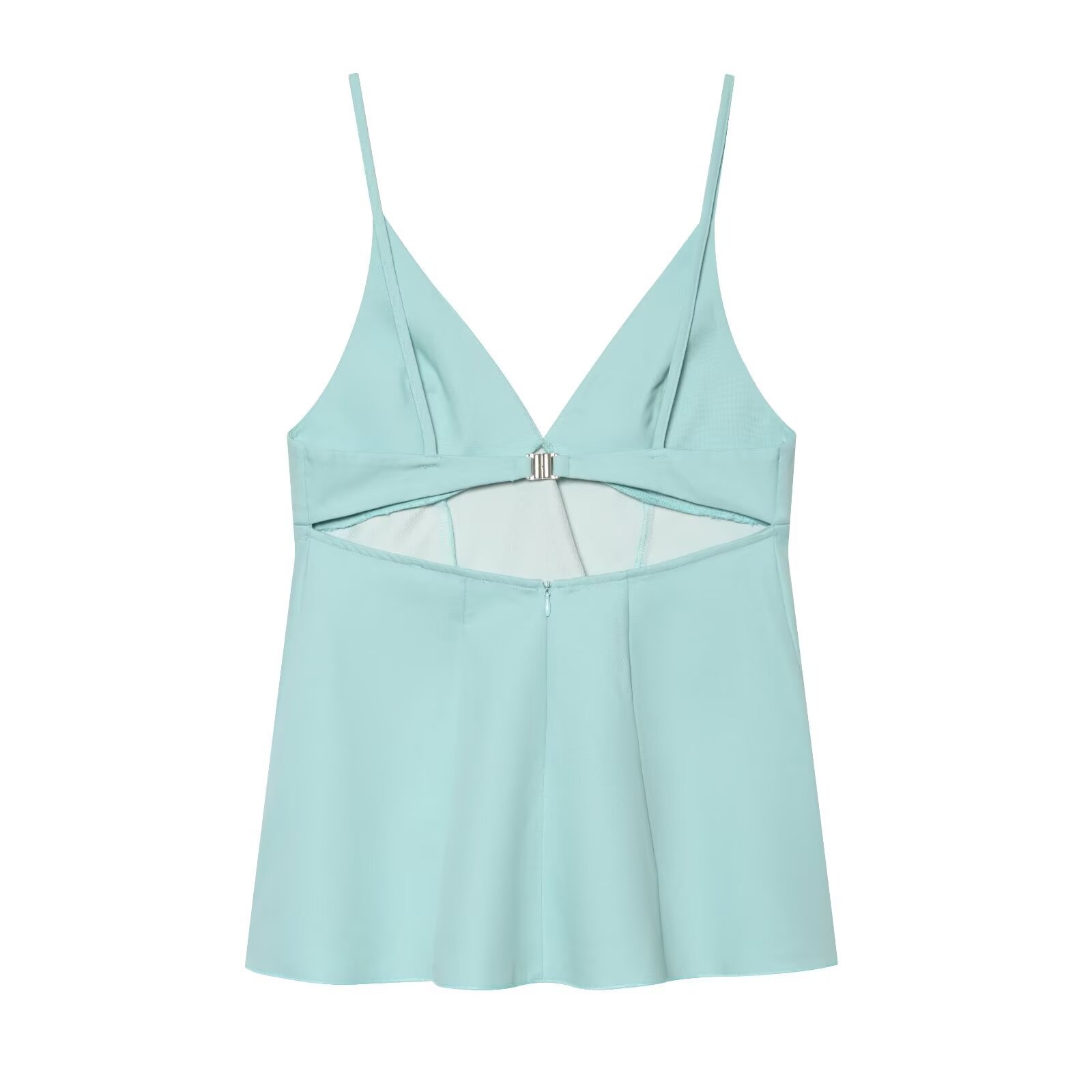 Elegante top a canotta blu menta con scollo a V e chiusura a gancio sul retro.