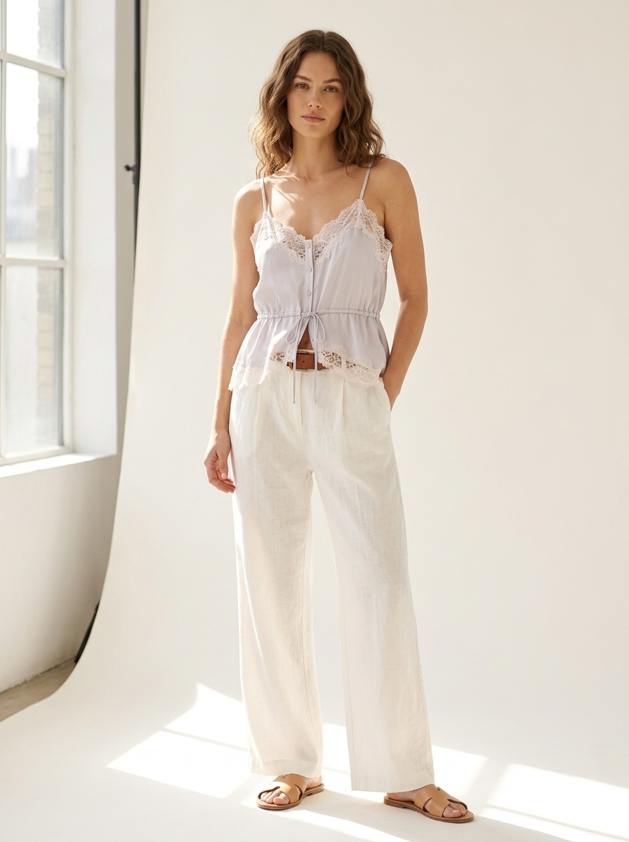 Elegante top a canotta in raso e pizzo - Spalline regolabili e scollo a V