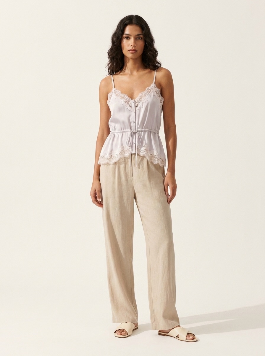 Elegante top a canotta in raso e pizzo - Spalline regolabili e scollo a V