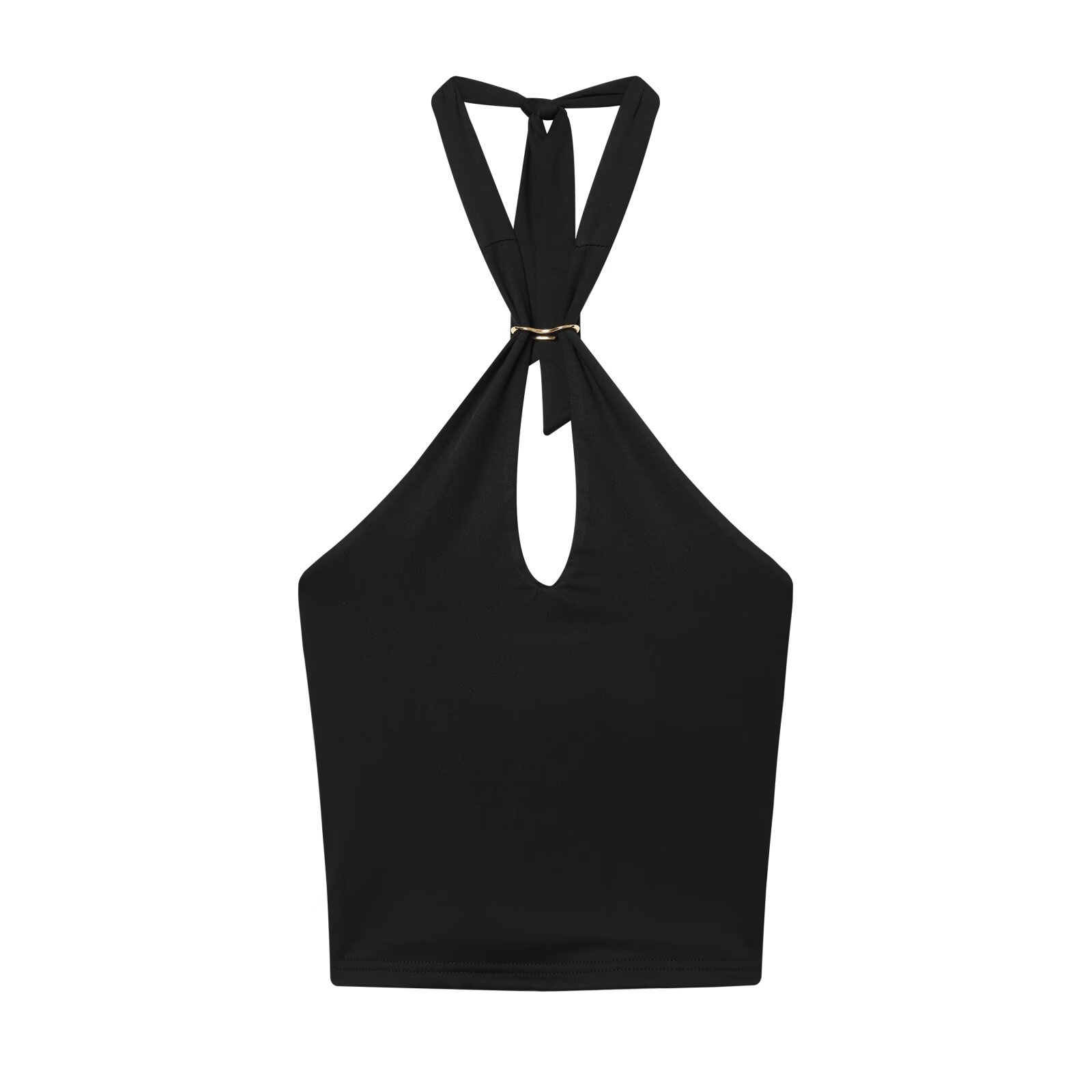 Elegante crop top nero con scollo all'americana e dettaglio ad anello dorato.