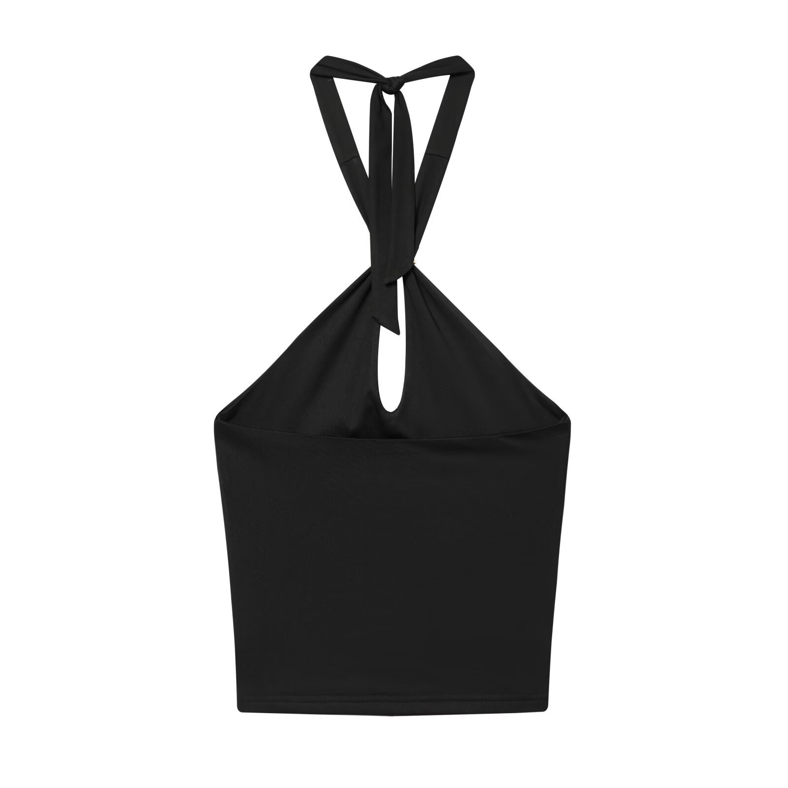 Elegante crop top nero con scollo all'americana e dettaglio ad anello dorato.
