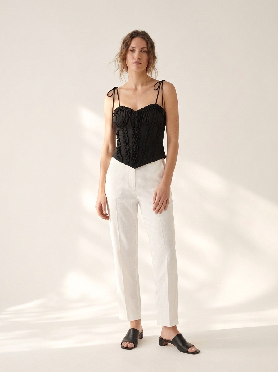 Elegante top a corsetto con volant e spalline da annodare.