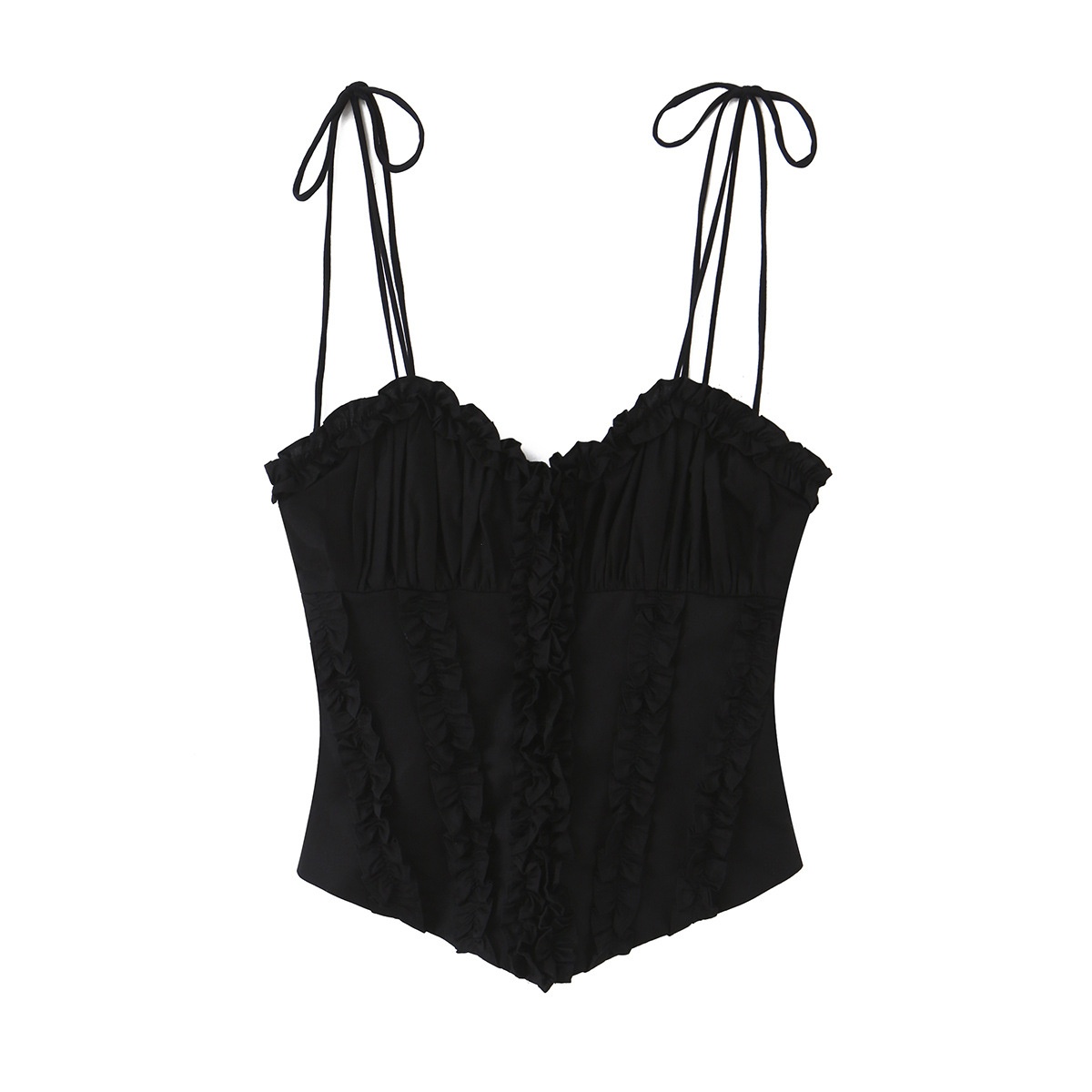 Elegante top a corsetto con volant e spalline da annodare.