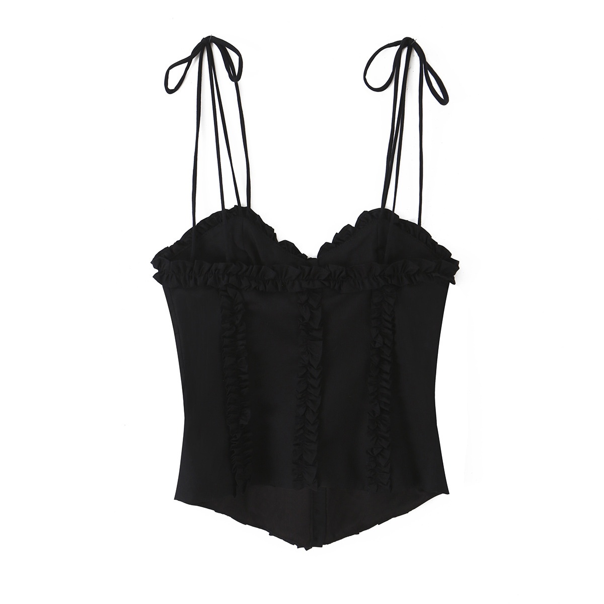 Elegante top a corsetto con volant e spalline da annodare.