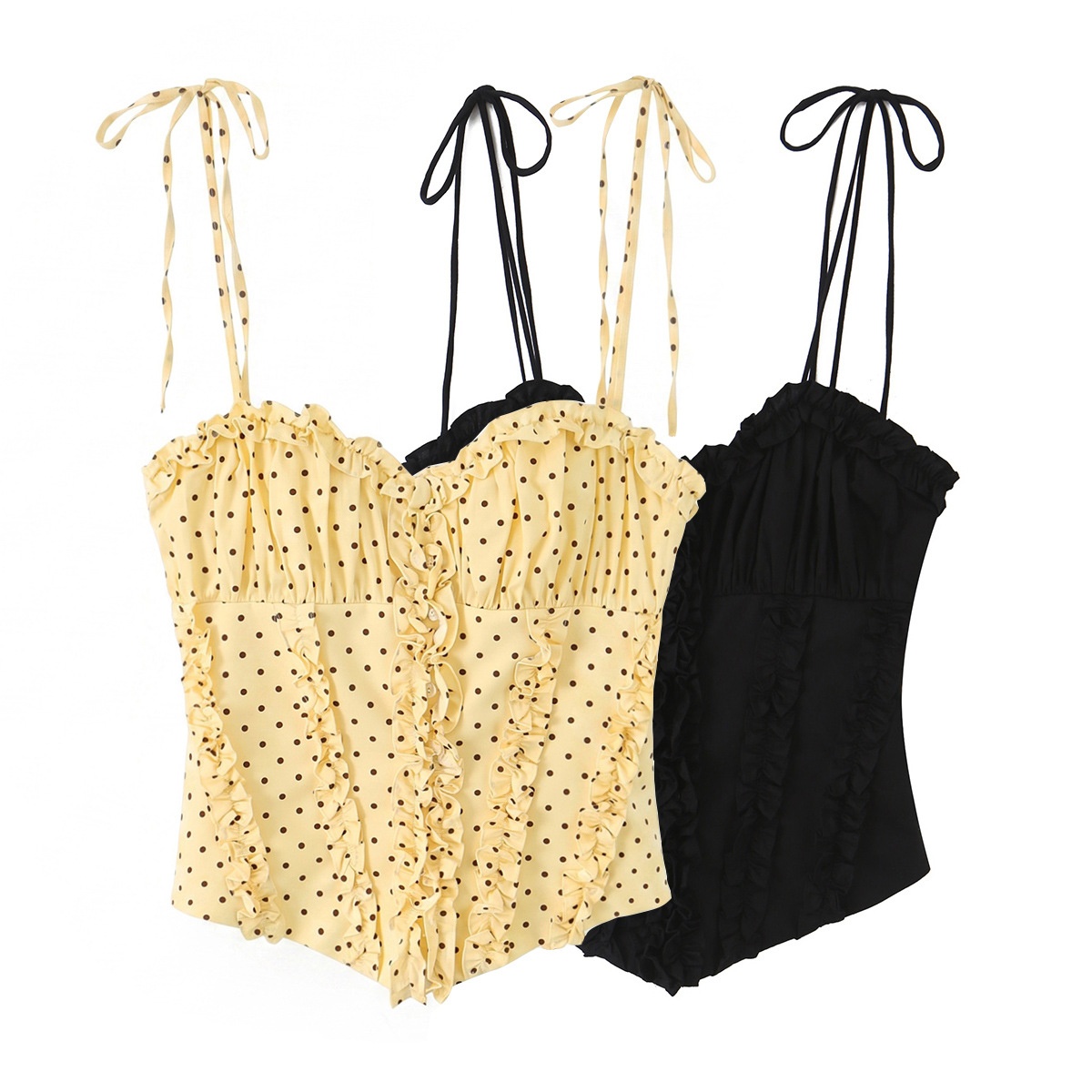Elegante top a corsetto con volant e spalline da annodare.