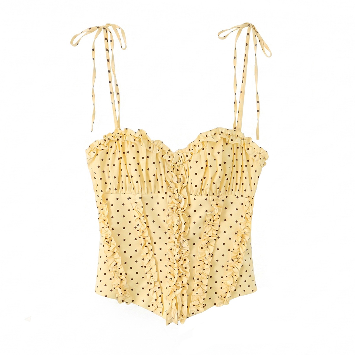 Elegante top a corsetto con volant e spalline da annodare.