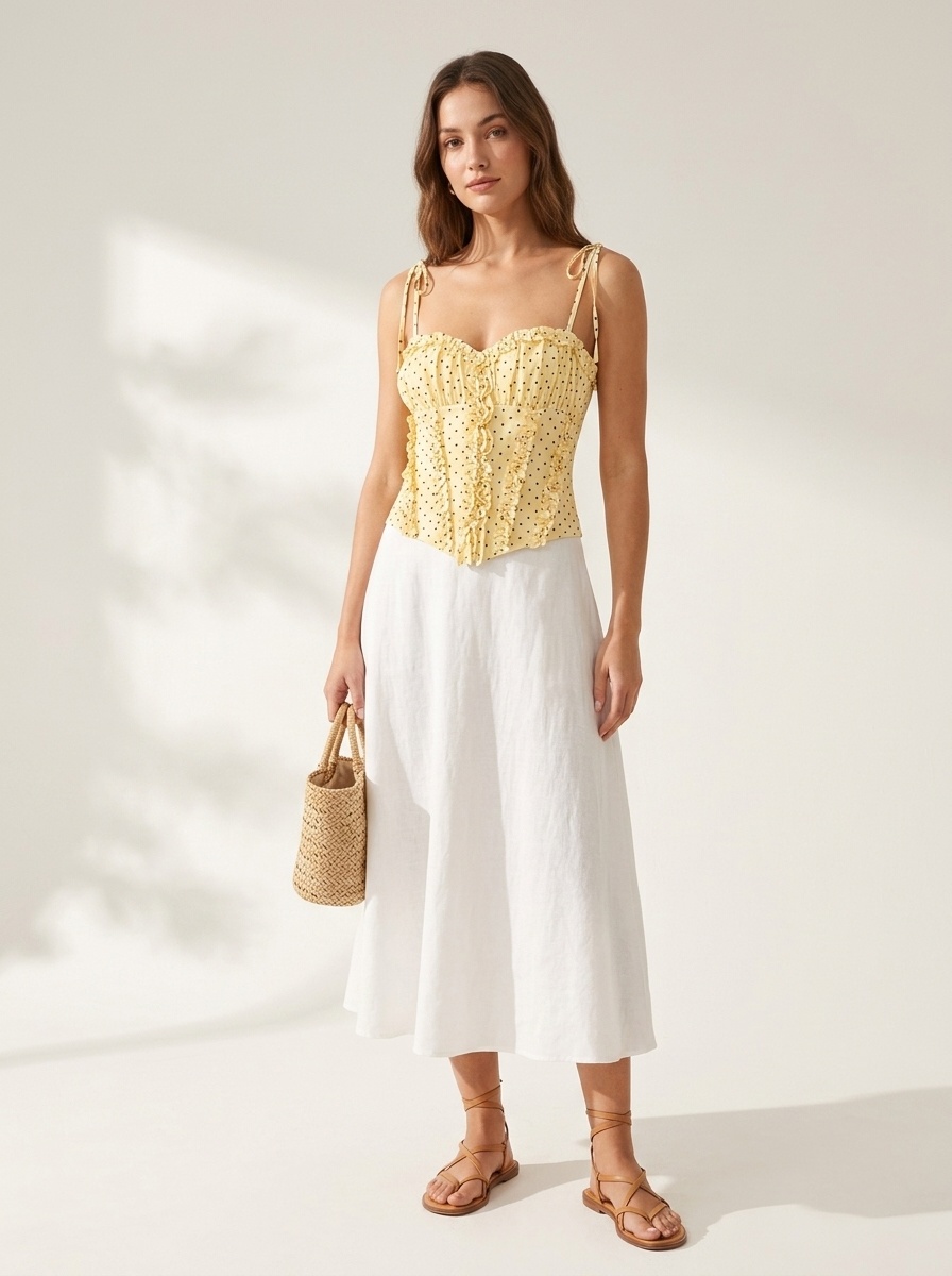 Elegante top a corsetto con volant e spalline da annodare.