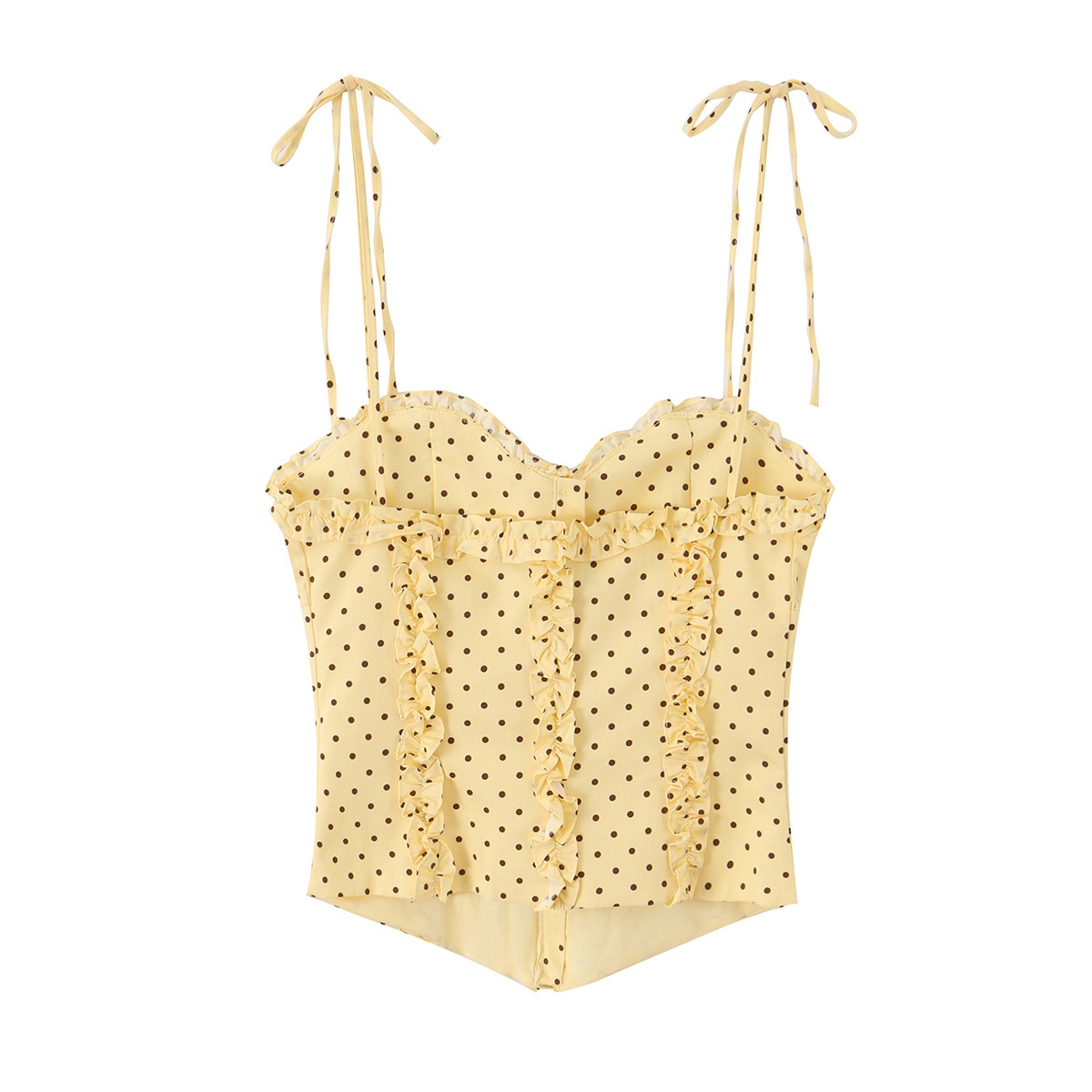 Elegante top a corsetto con volant e spalline da annodare.