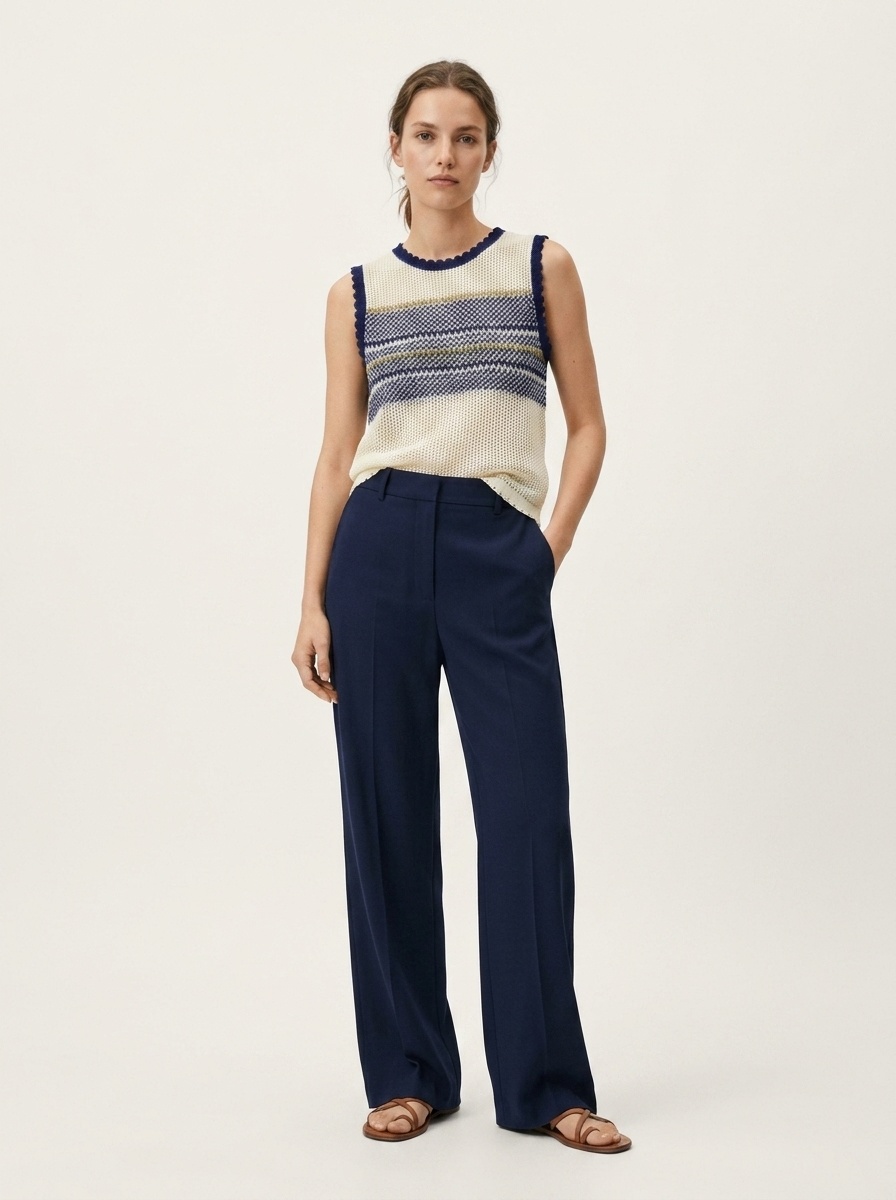 Top senza maniche a righe in maglia - Maglione comodo con volant