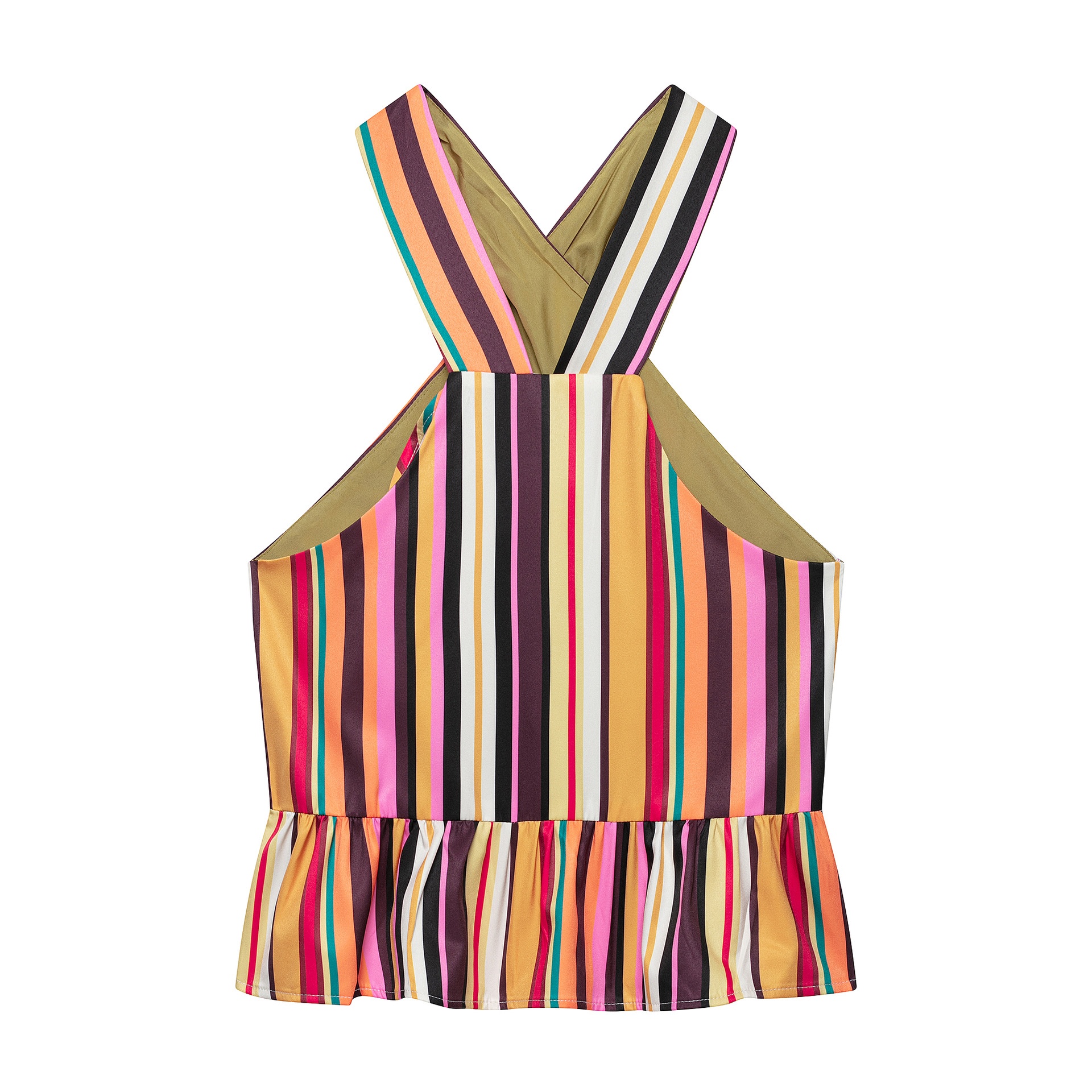 Top peplo a righe vivaci con scollo all'americana e schiena incrociata.