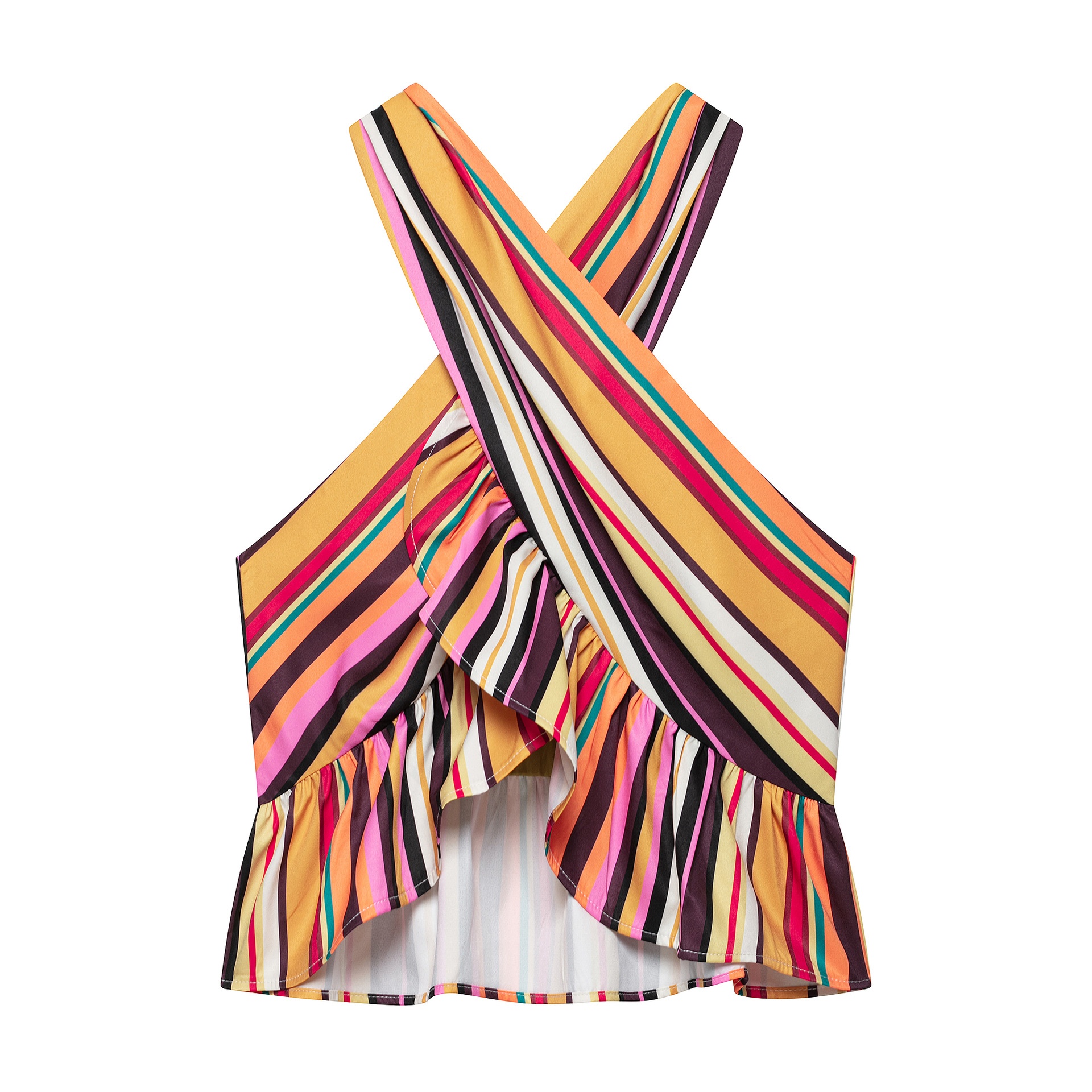 Top peplo a righe vivaci con scollo all'americana e schiena incrociata.