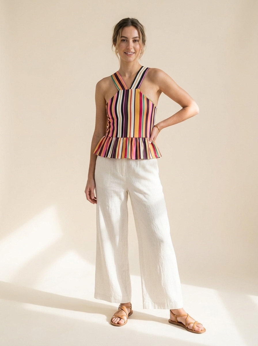 Top peplo a righe vivaci con scollo all'americana e schiena incrociata.