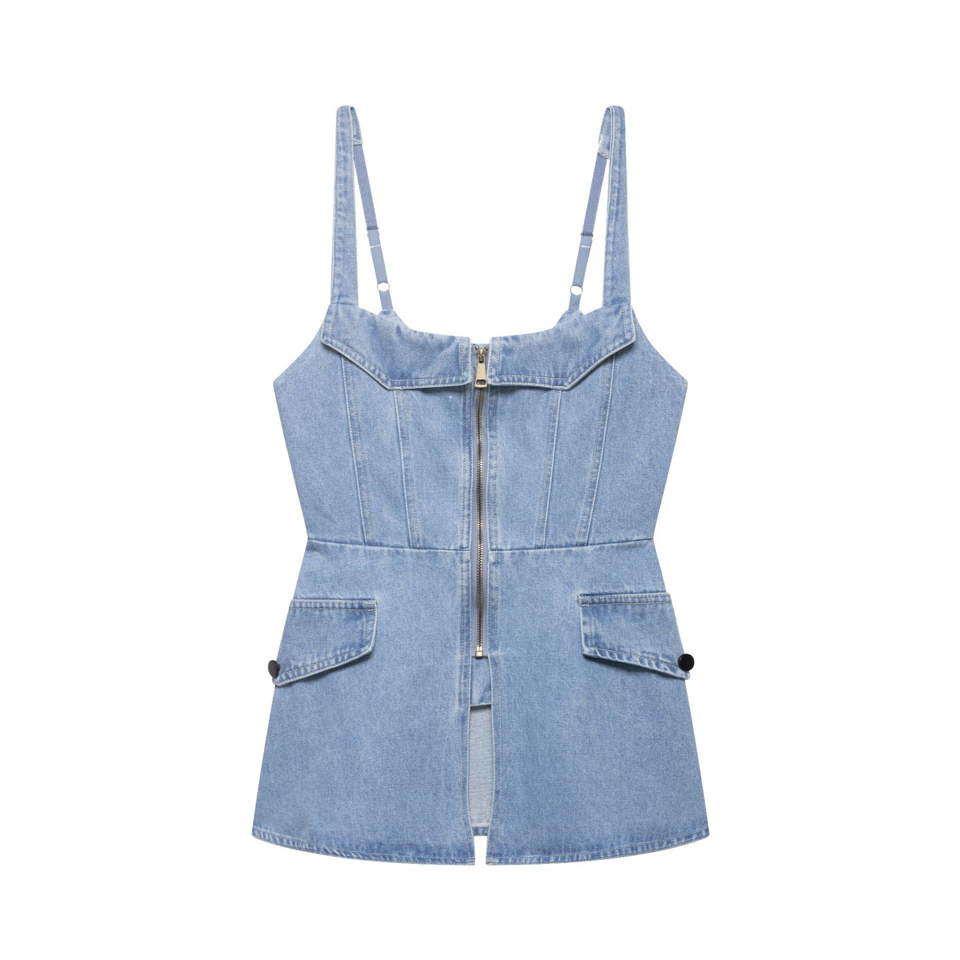 Elegante top a corsetto in denim chiaro con cerniera frontale.
