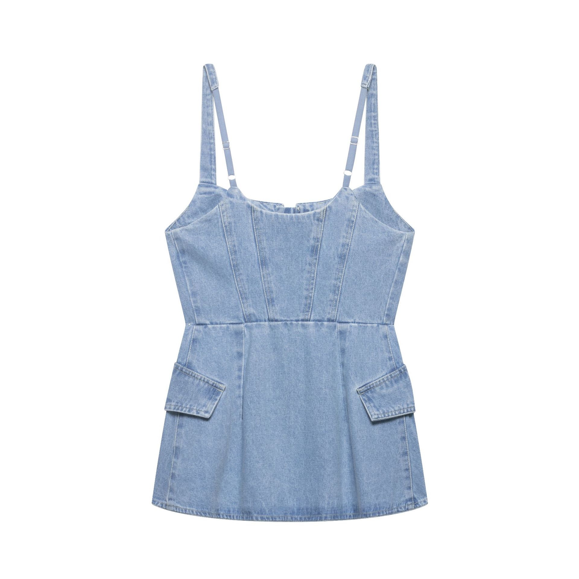 Elegante top a corsetto in denim chiaro con cerniera frontale.