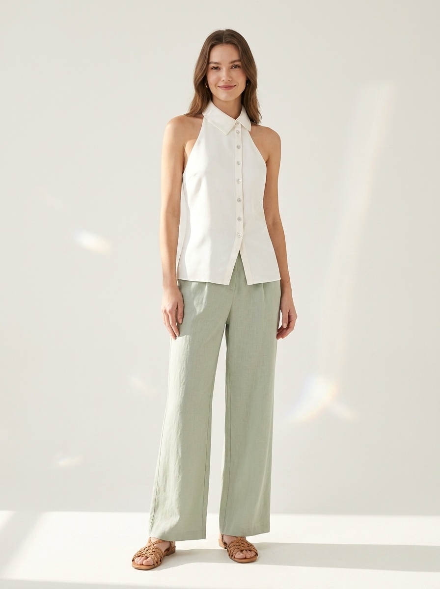 Elegante top con scollo all'americana e colletto, abbottonato
