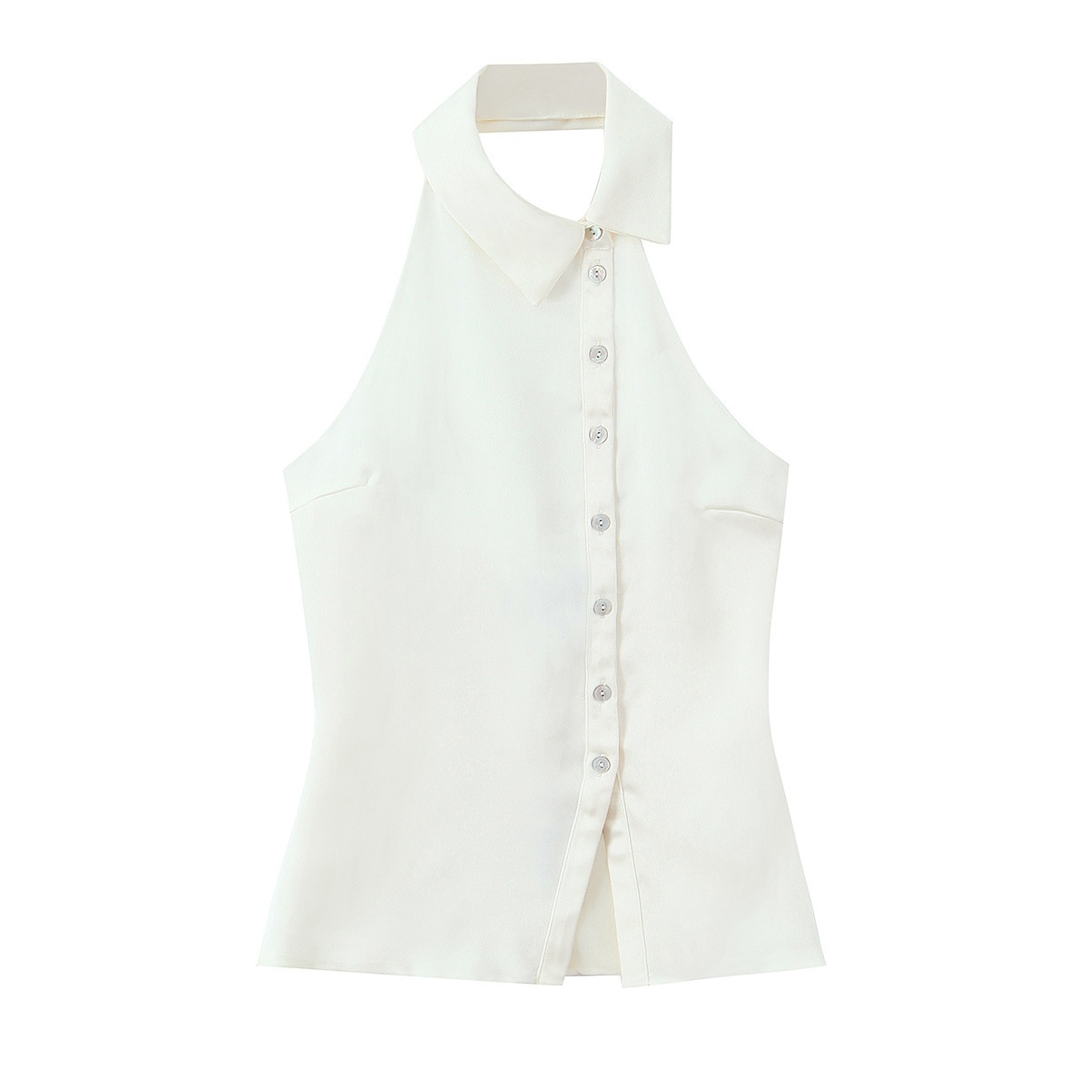 Elegante top con scollo all'americana e colletto, abbottonato