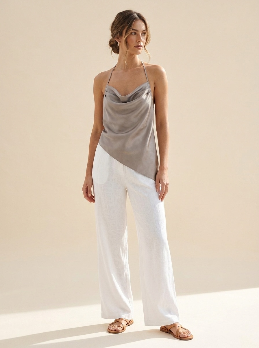 Top all'americana in raso con scollo a cascata e allacciatura sul retro - Camicetta chic con laccetti sulla schiena