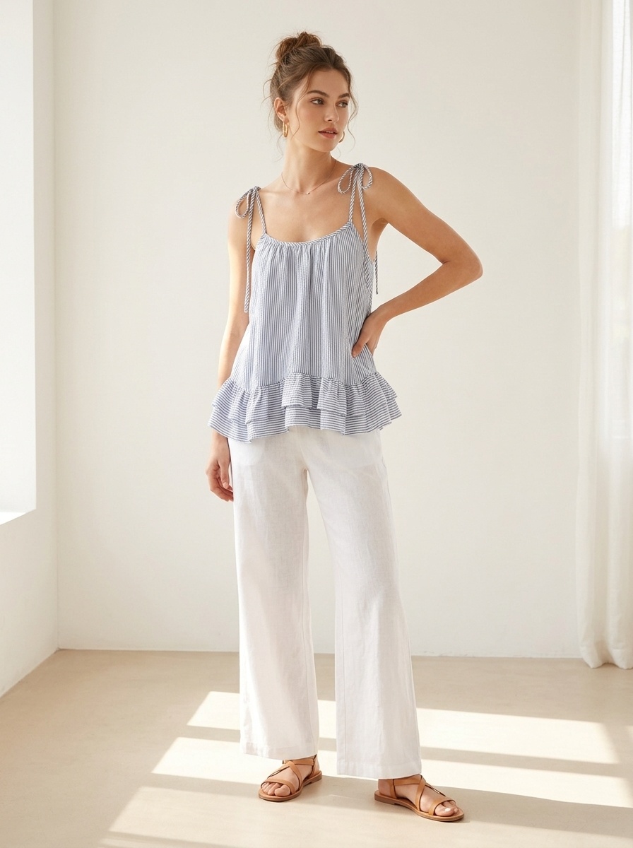 Elegante top a canotta con volant a righe blu e bianche e laccetti sulle spalle.