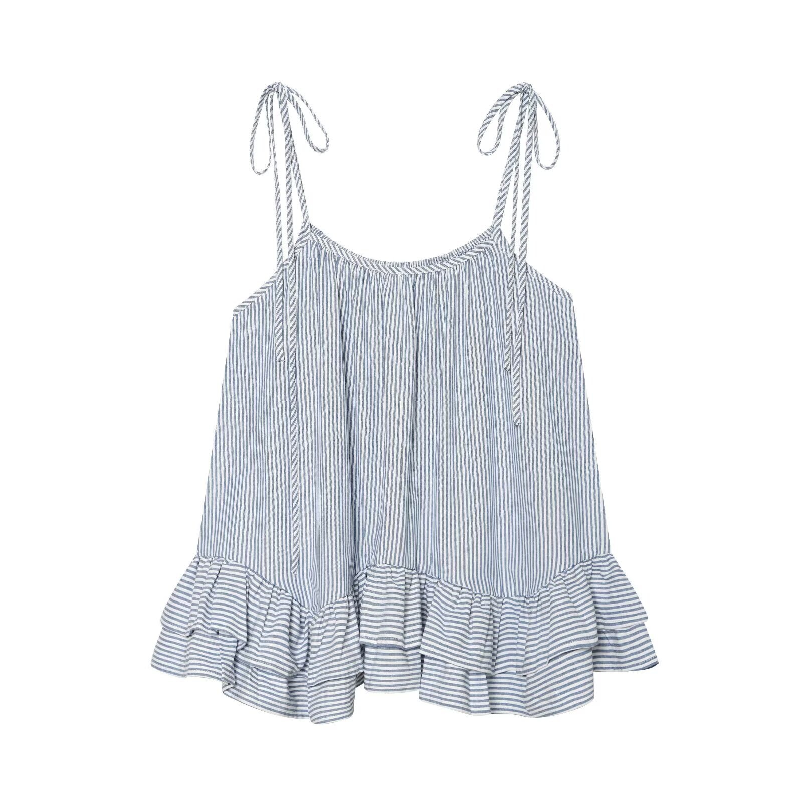 Elegante top a canotta con volant a righe blu e bianche e laccetti sulle spalle.