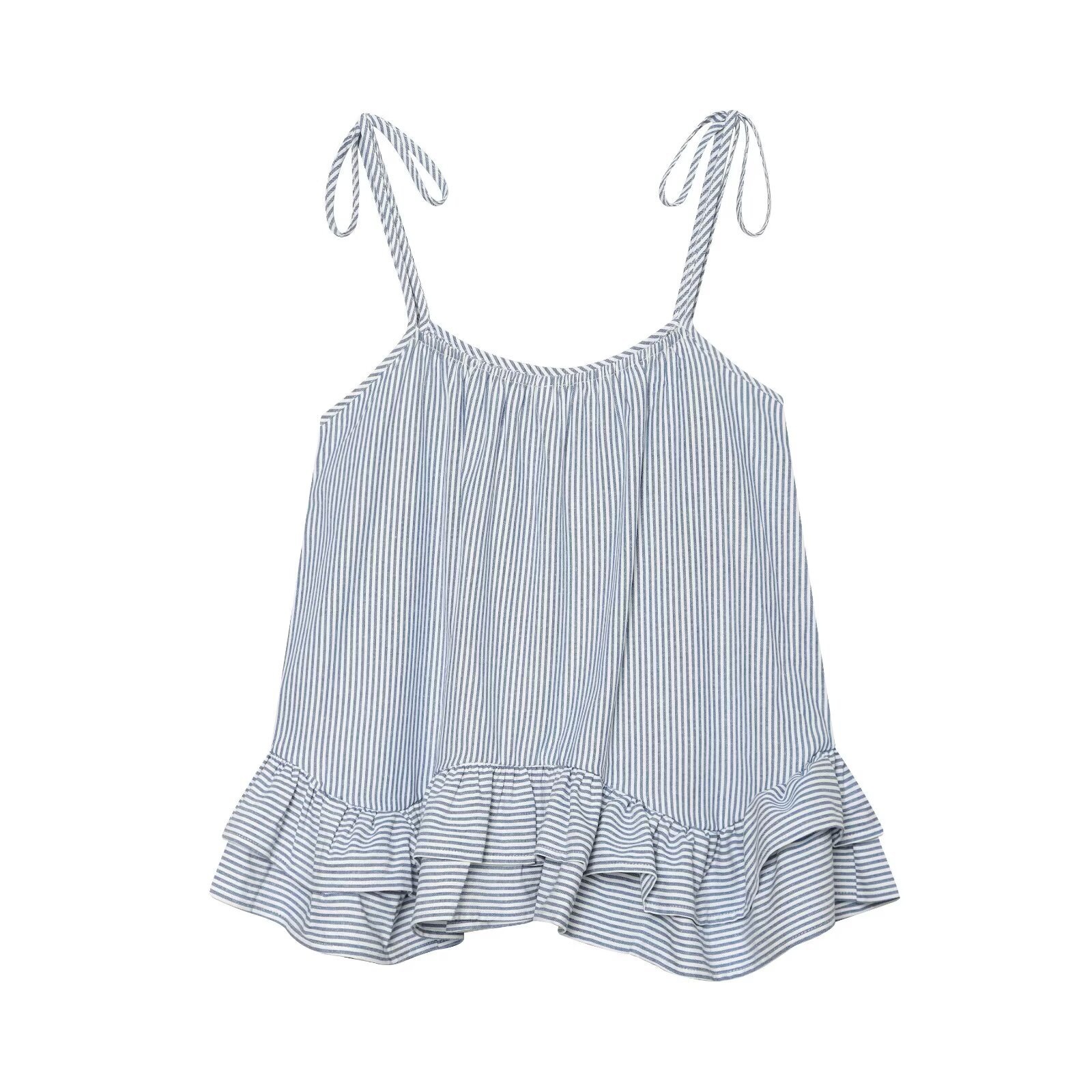 Elegante top a canotta con volant a righe blu e bianche e laccetti sulle spalle.