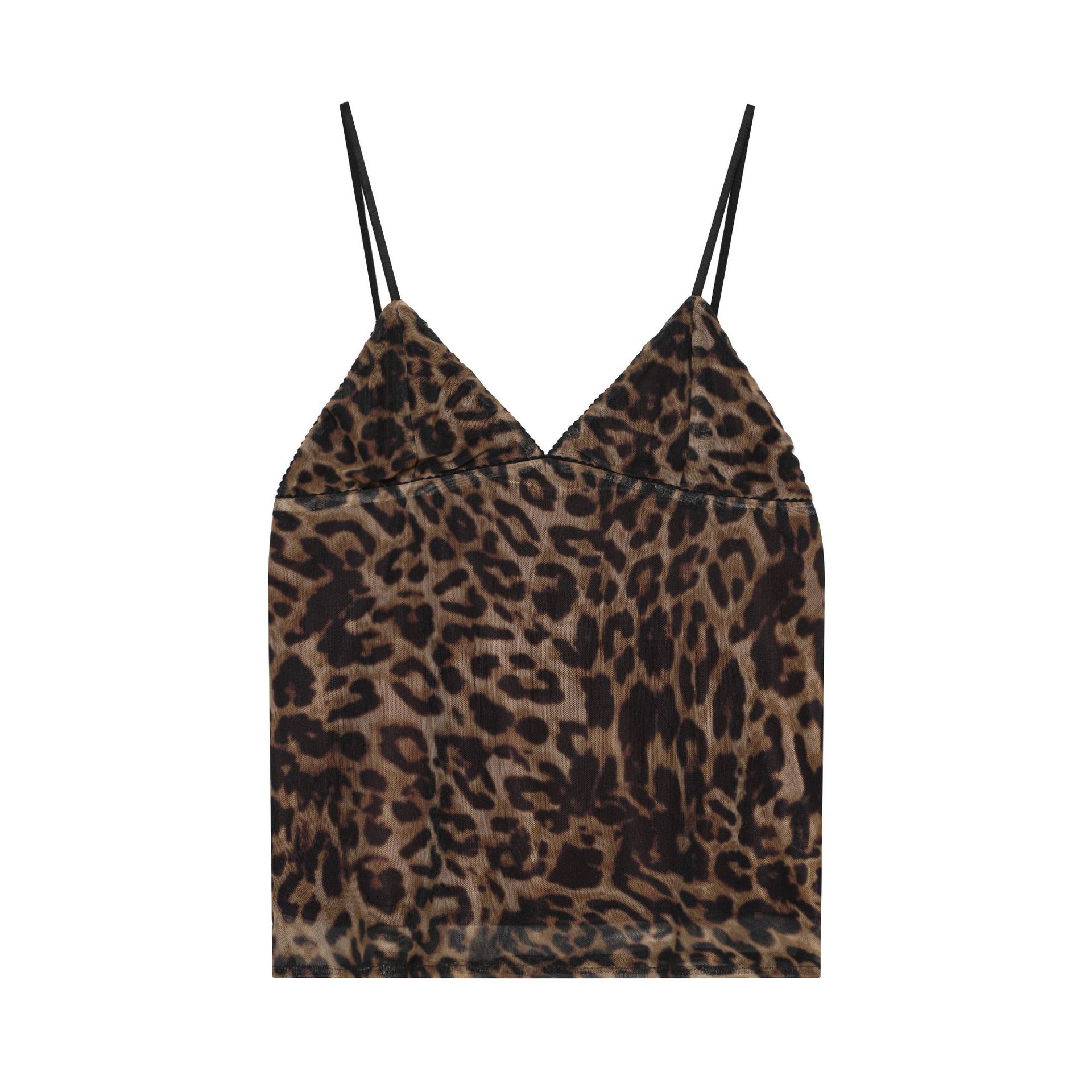 Elegante top a canotta con scollo a V e stampa leopardata.