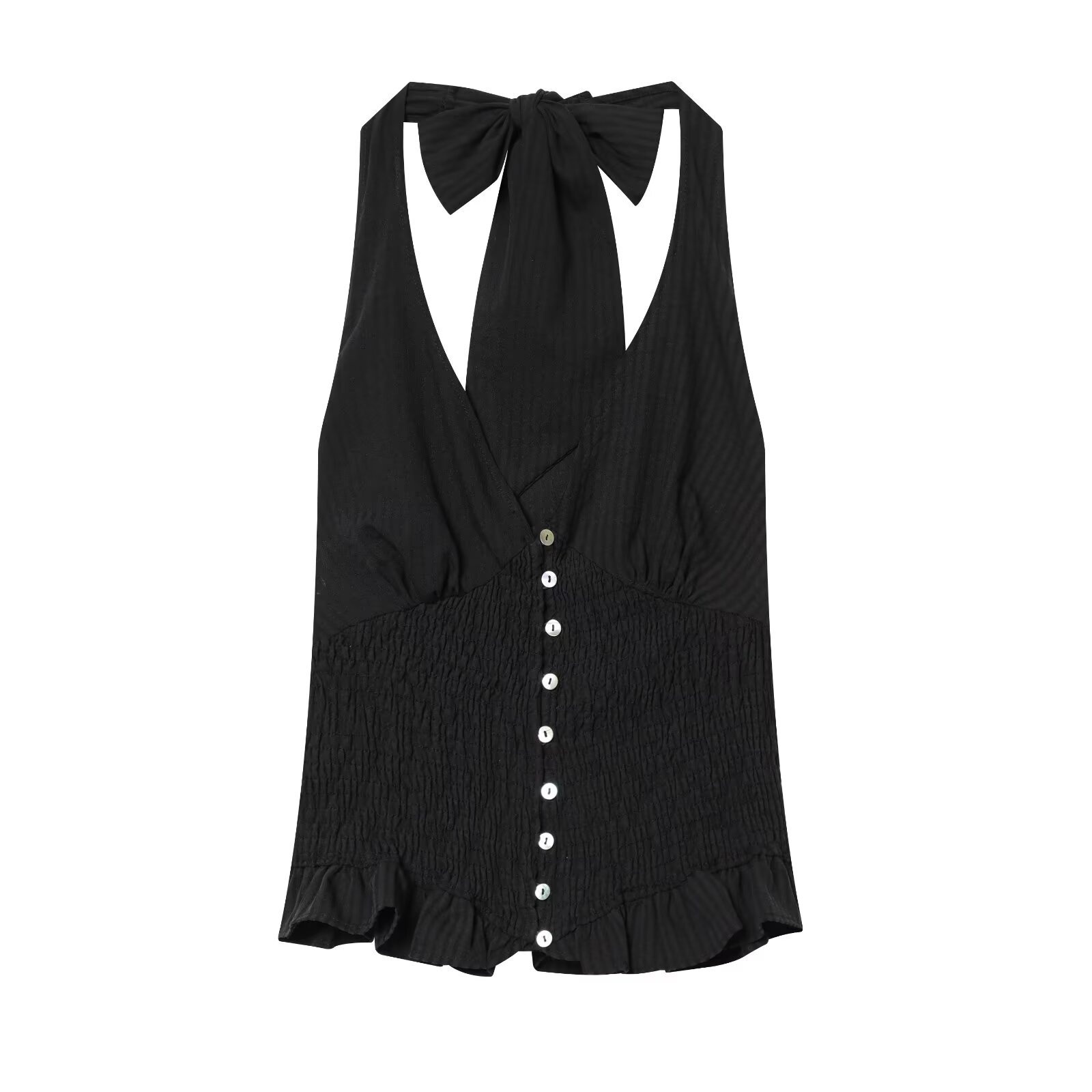 Elegante top a collo alto con volant arricciati - a quadri neri e beige