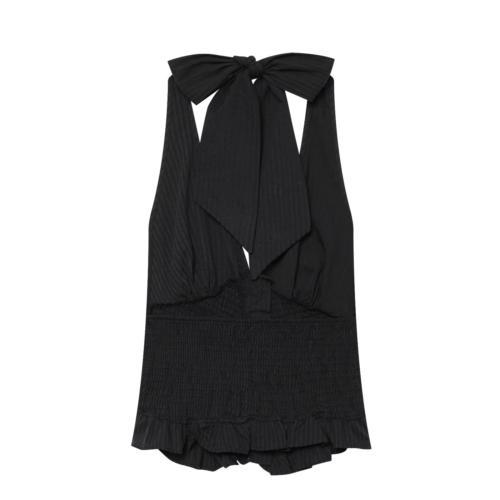 Elegante top a collo alto con volant arricciati - a quadri neri e beige