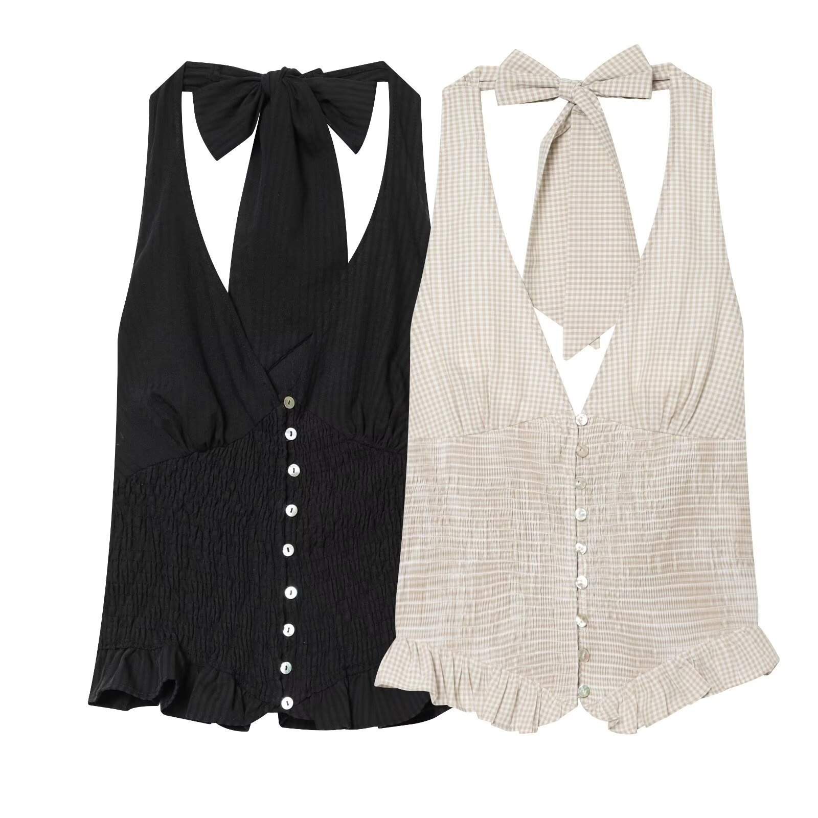 Elegante top a collo alto con volant arricciati - a quadri neri e beige