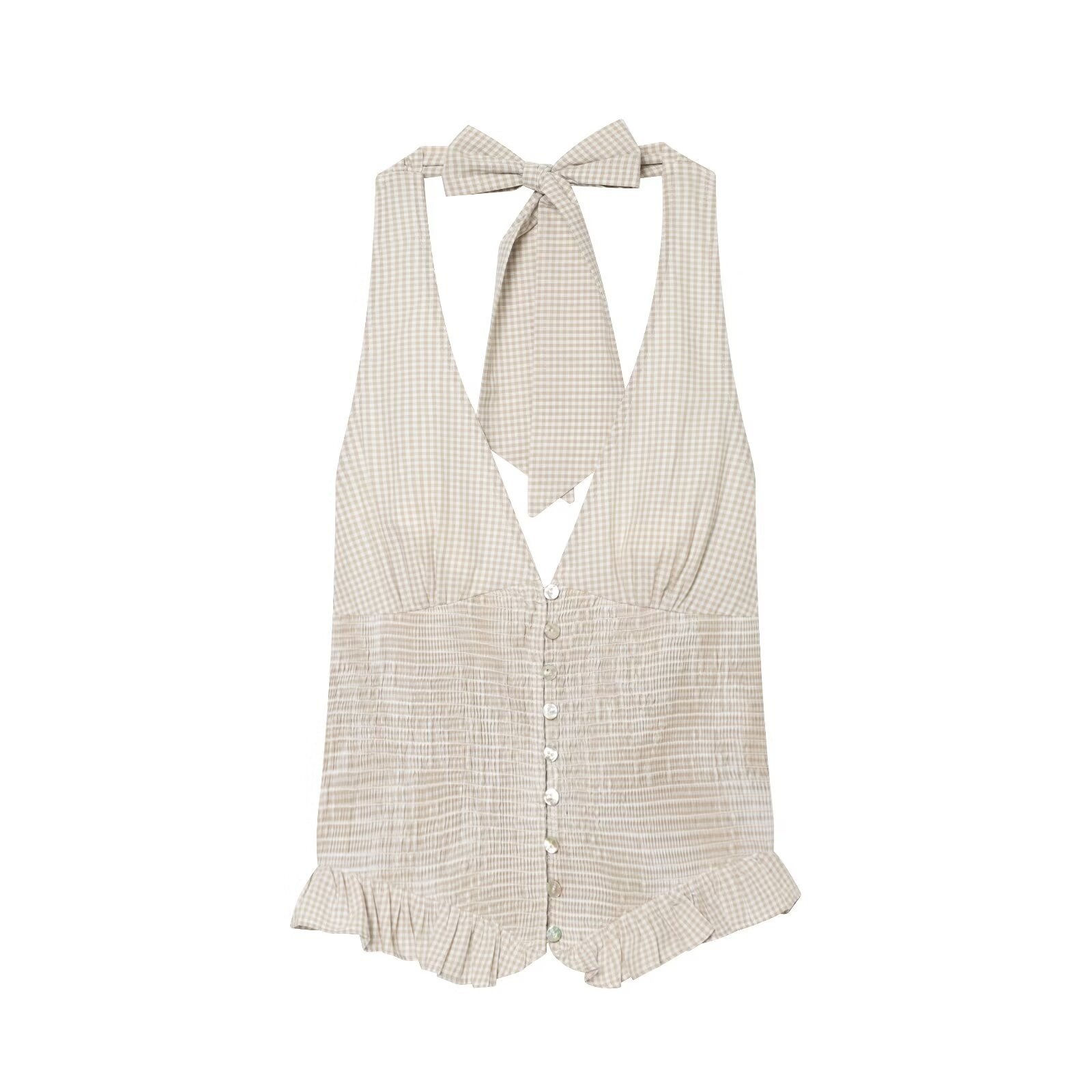 Elegante top a collo alto con volant arricciati - a quadri neri e beige