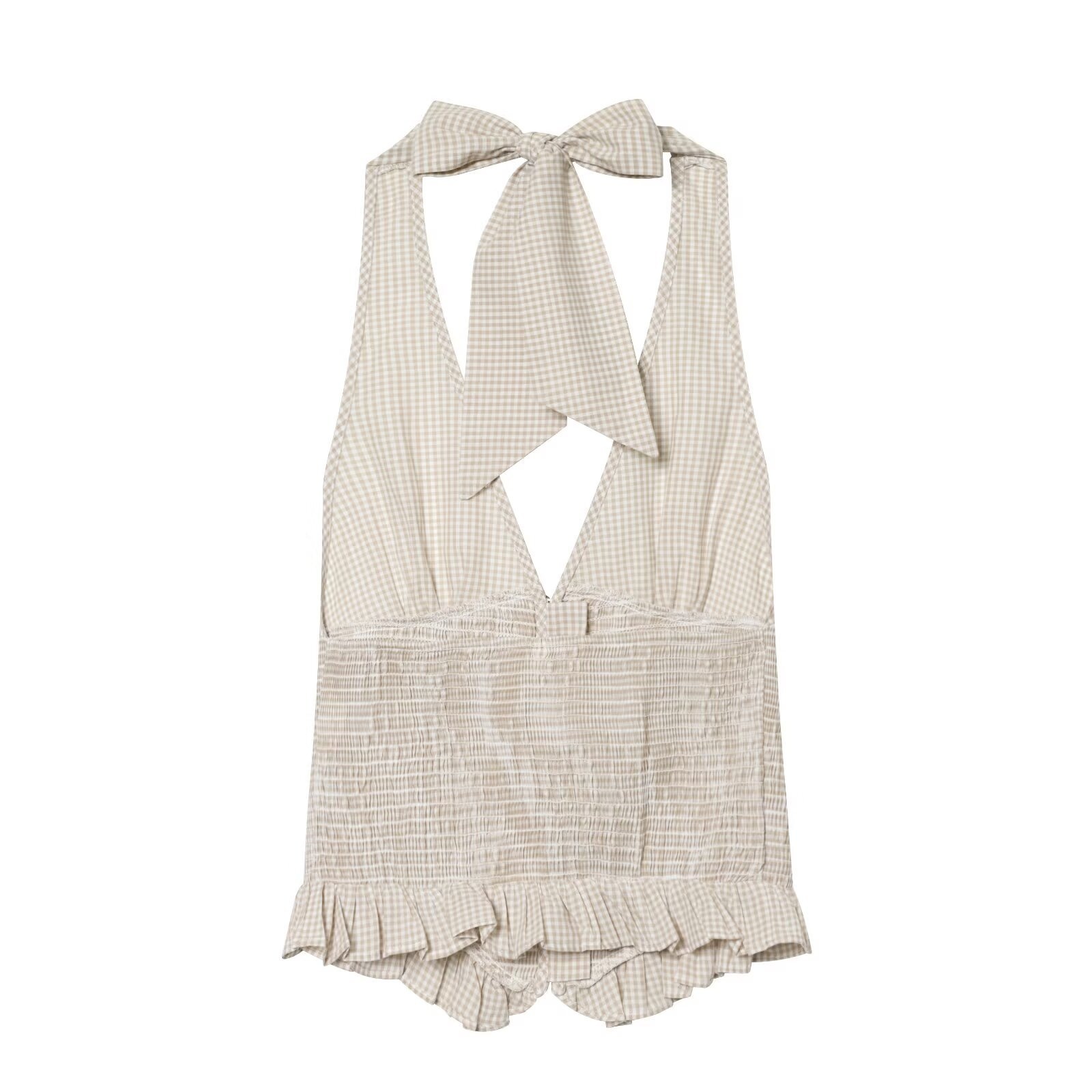 Elegante top a collo alto con volant arricciati - a quadri neri e beige