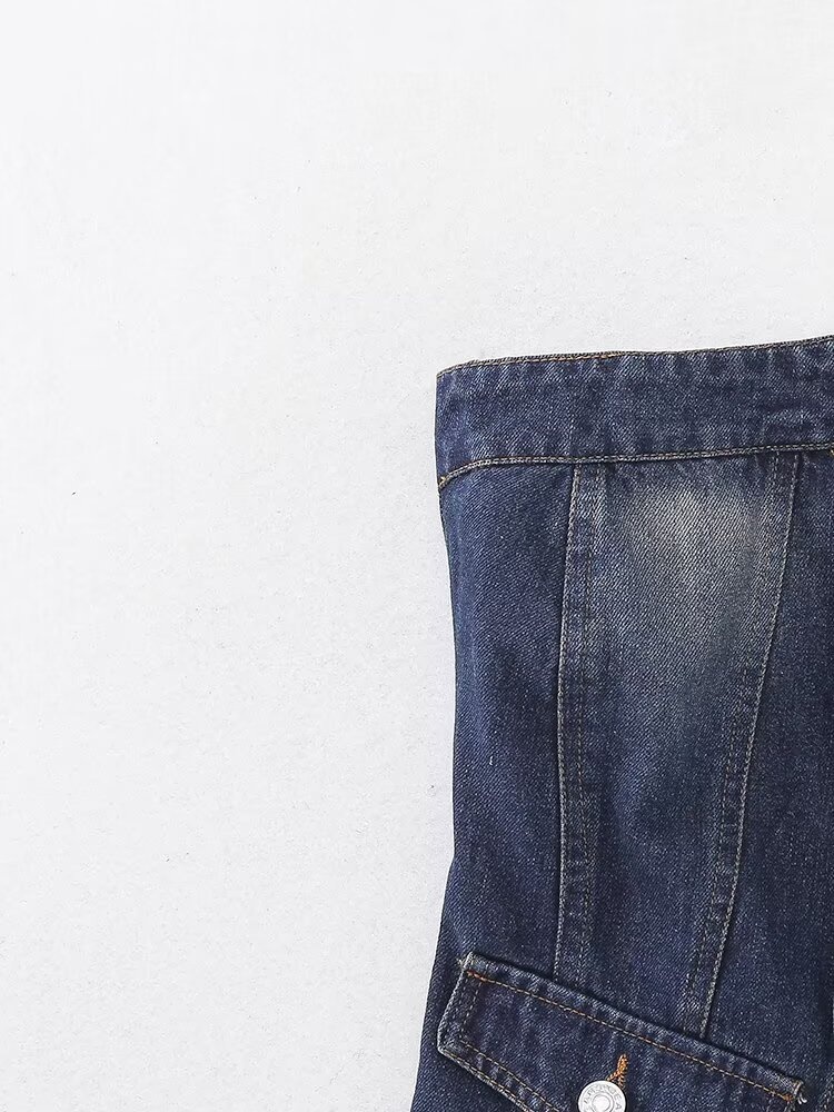 Top corsetto senza spalline da donna in denim effetto usurato