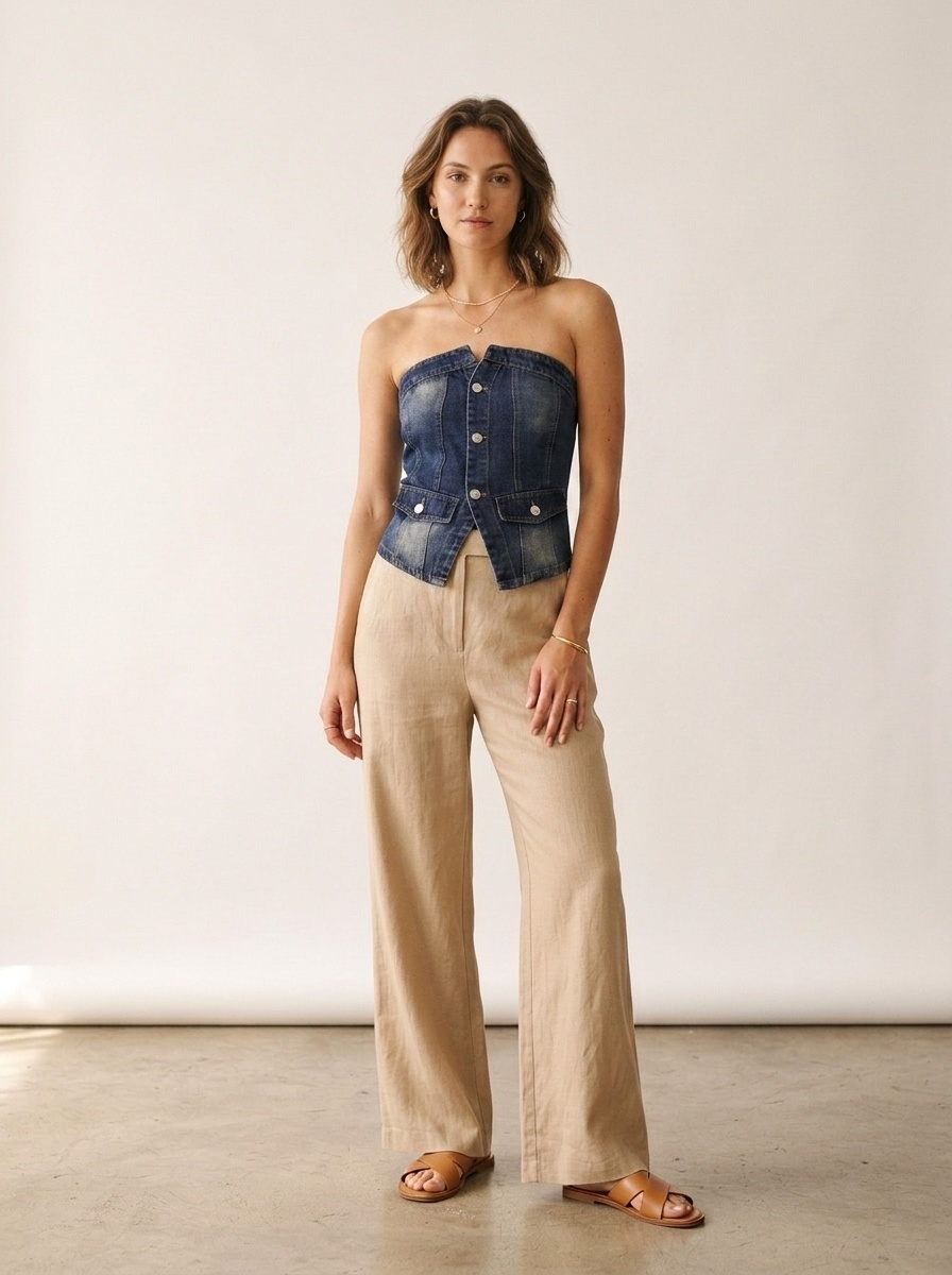 Top corsetto senza spalline da donna in denim effetto usurato