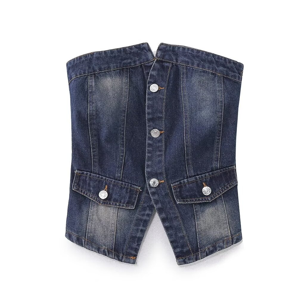 Top corsetto senza spalline da donna in denim effetto usurato