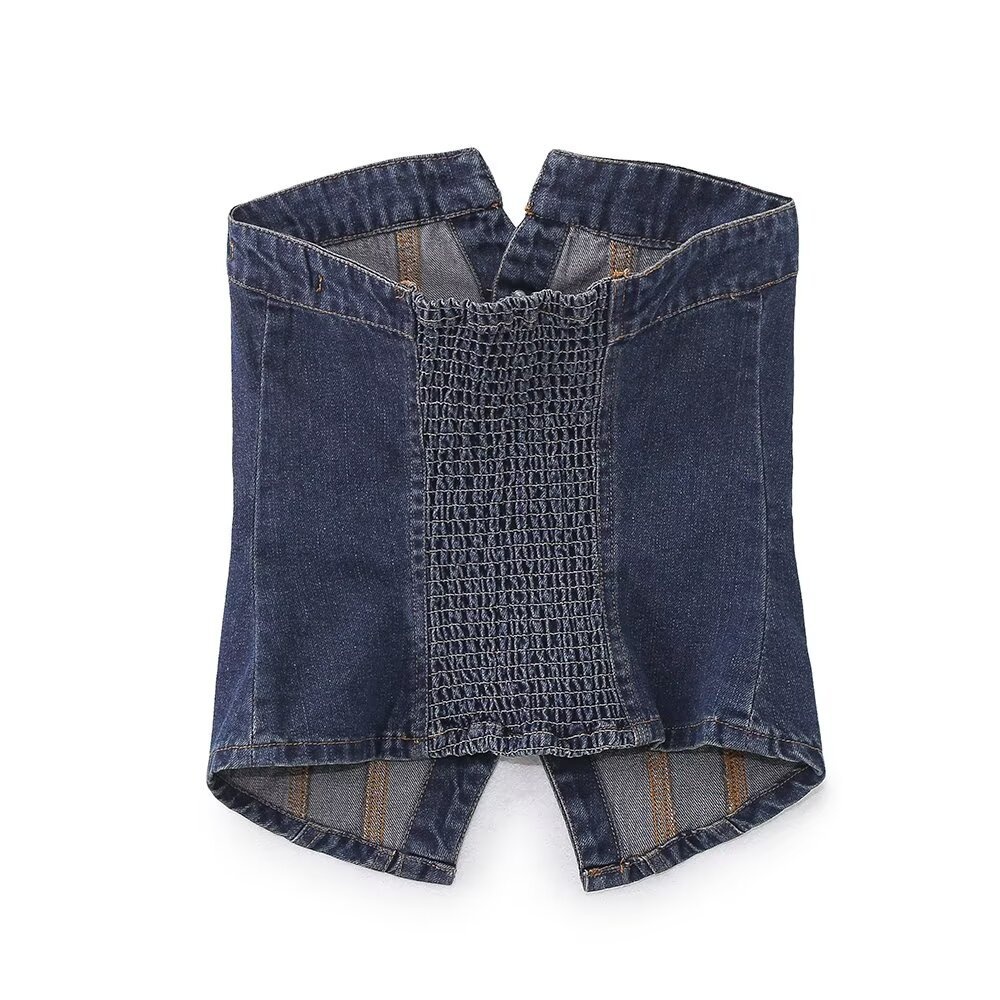 Top corsetto senza spalline da donna in denim effetto usurato