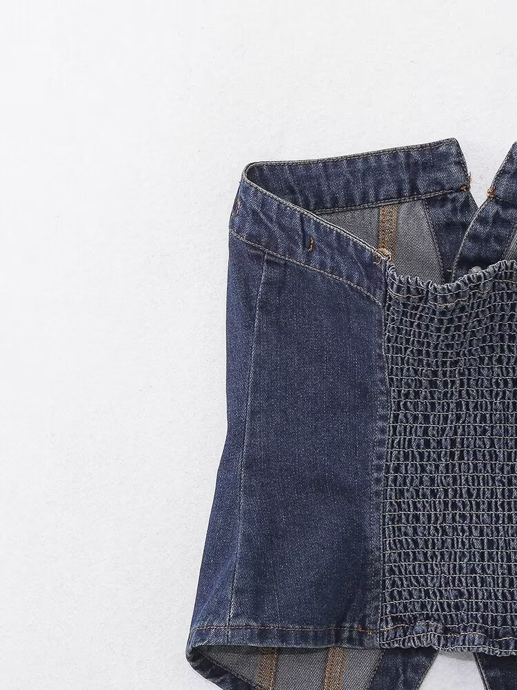 Top corsetto senza spalline da donna in denim effetto usurato