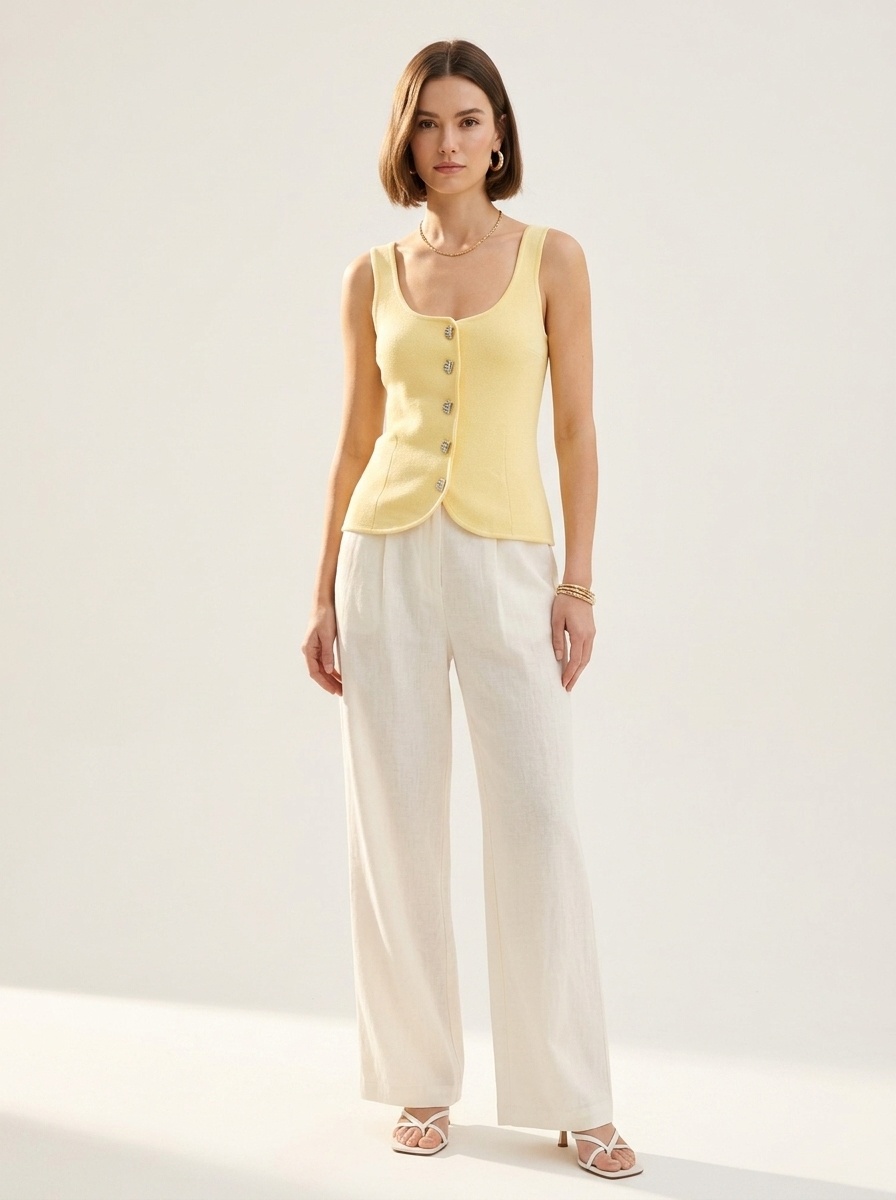 Elegante top in maglia senza maniche con abbottonatura frontale