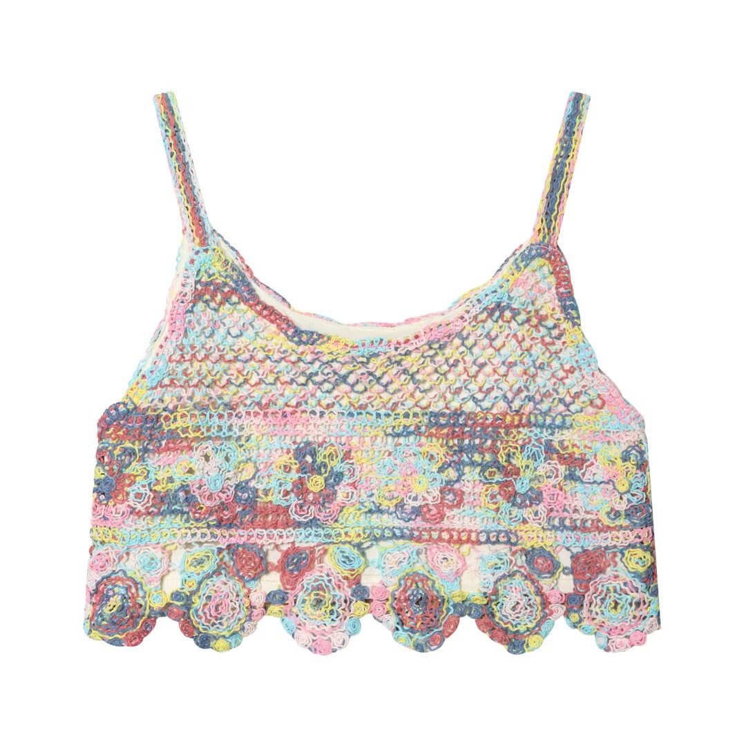 Top corto in maglia all'uncinetto stile boho - Canotta colorata con spalline sottili