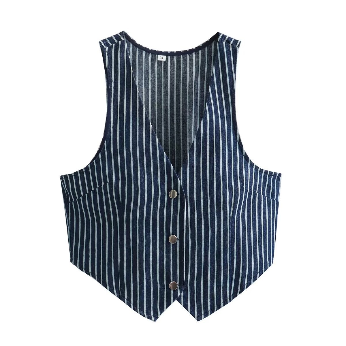 Gilet da donna a righe con scollo a V e bottoni - Top corto senza maniche