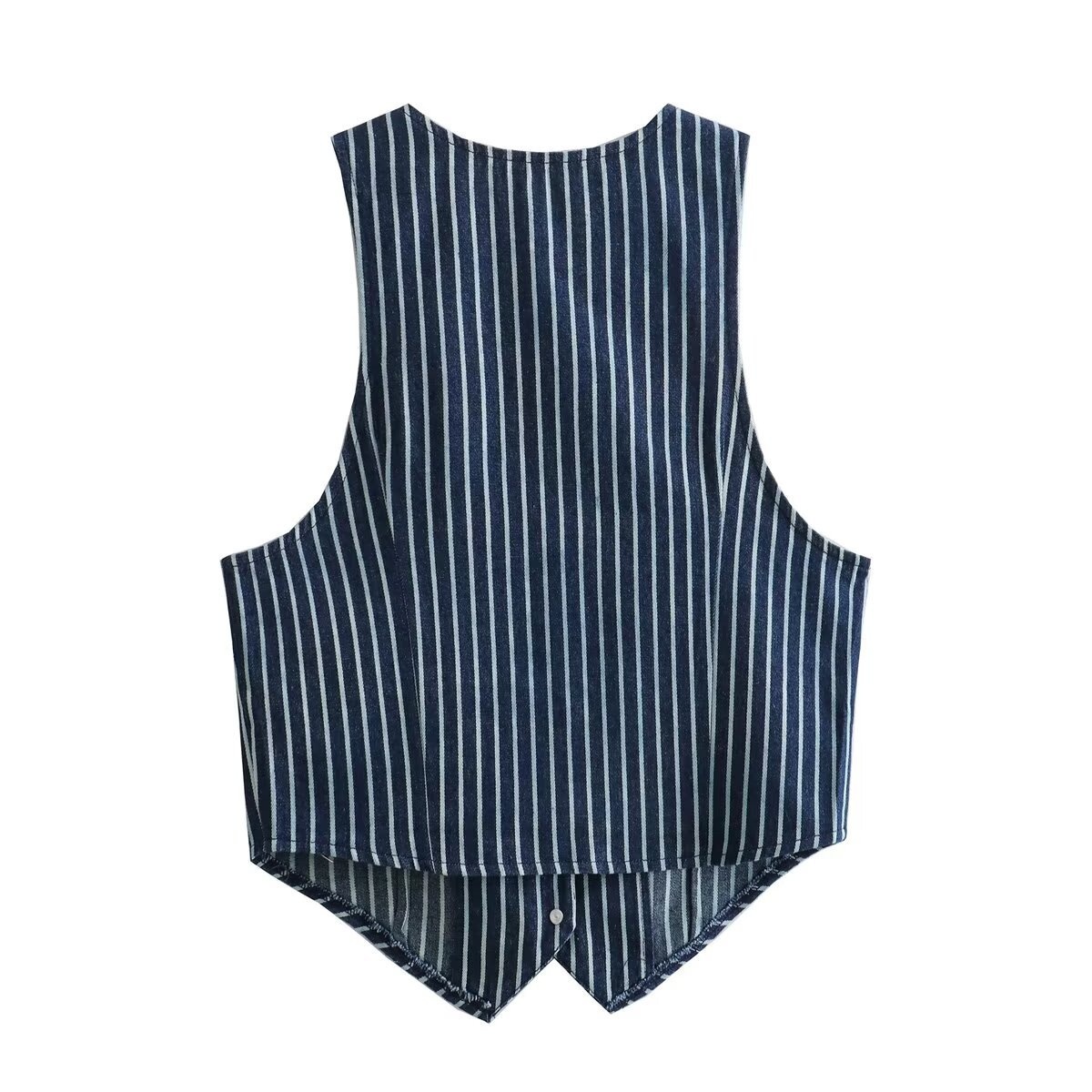 Gilet da donna a righe con scollo a V e bottoni - Top corto senza maniche