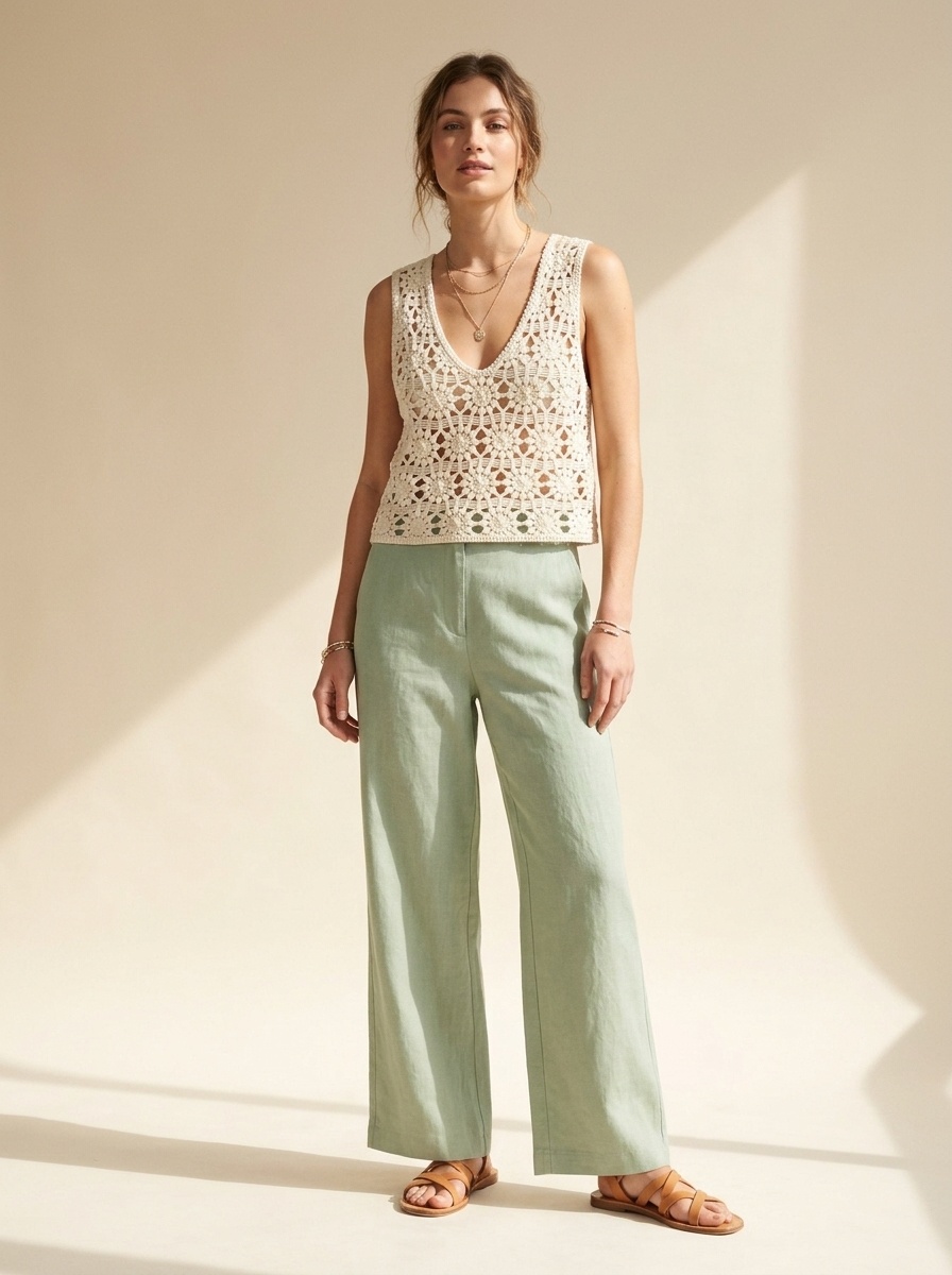 Elegante crop top in maglia all'uncinetto color avorio sporco - Senza maniche, con scollo a V