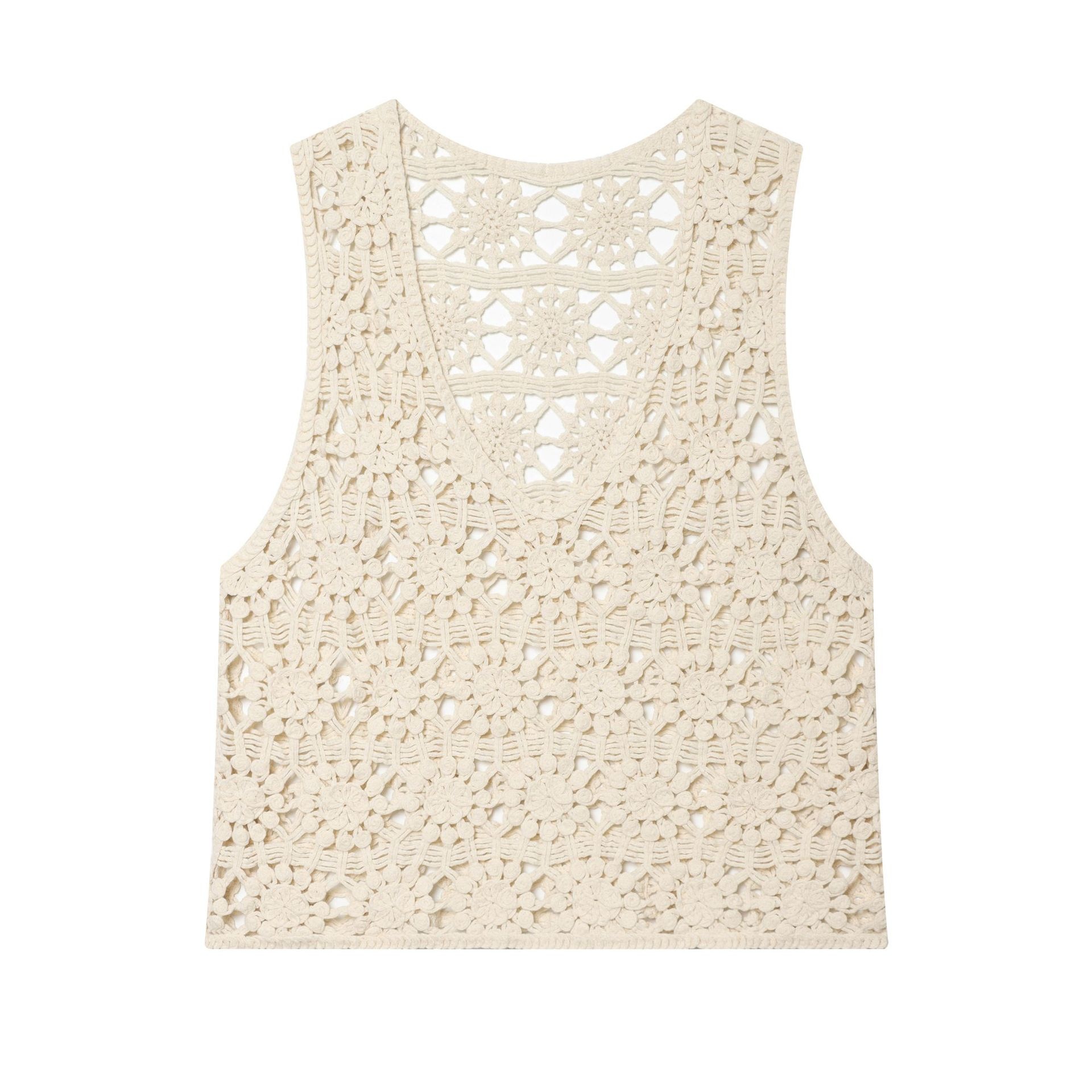 Elegante crop top in maglia all'uncinetto color avorio sporco - Senza maniche, con scollo a V