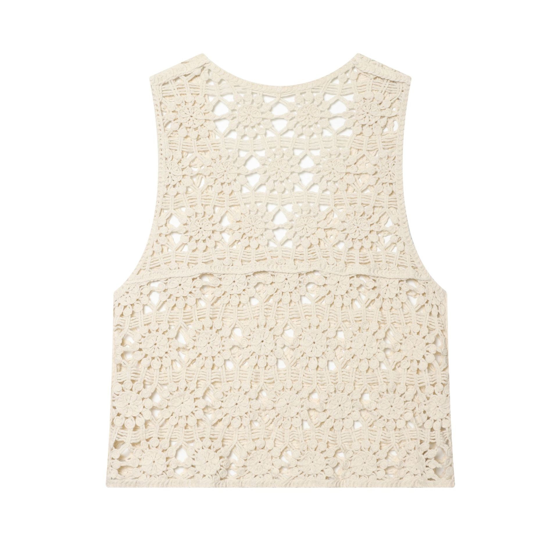 Elegante crop top in maglia all'uncinetto color avorio sporco - Senza maniche, con scollo a V