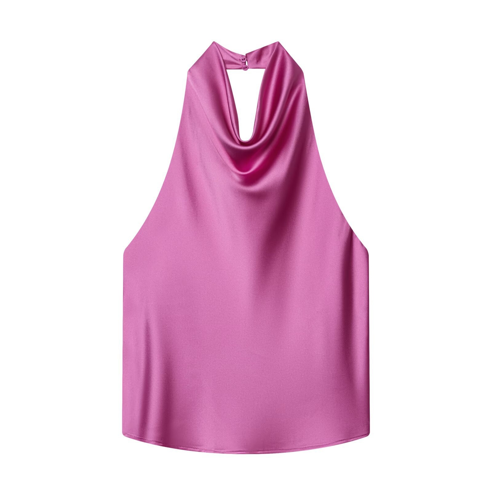 Top senza maniche in raso con scollo a cascata e allacciatura al collo - Elegante blusa senza maniche