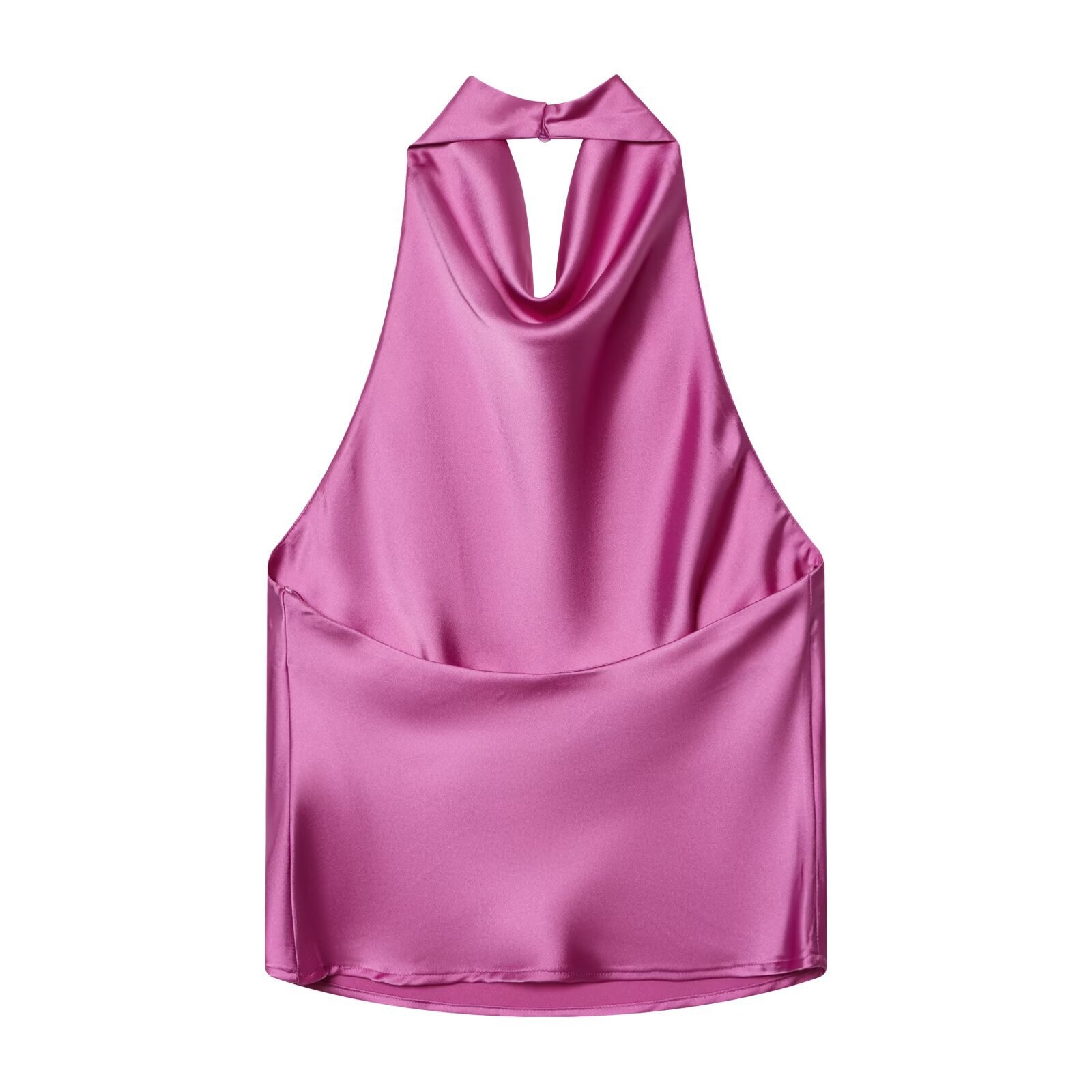 Top senza maniche in raso con scollo a cascata e allacciatura al collo - Elegante blusa senza maniche