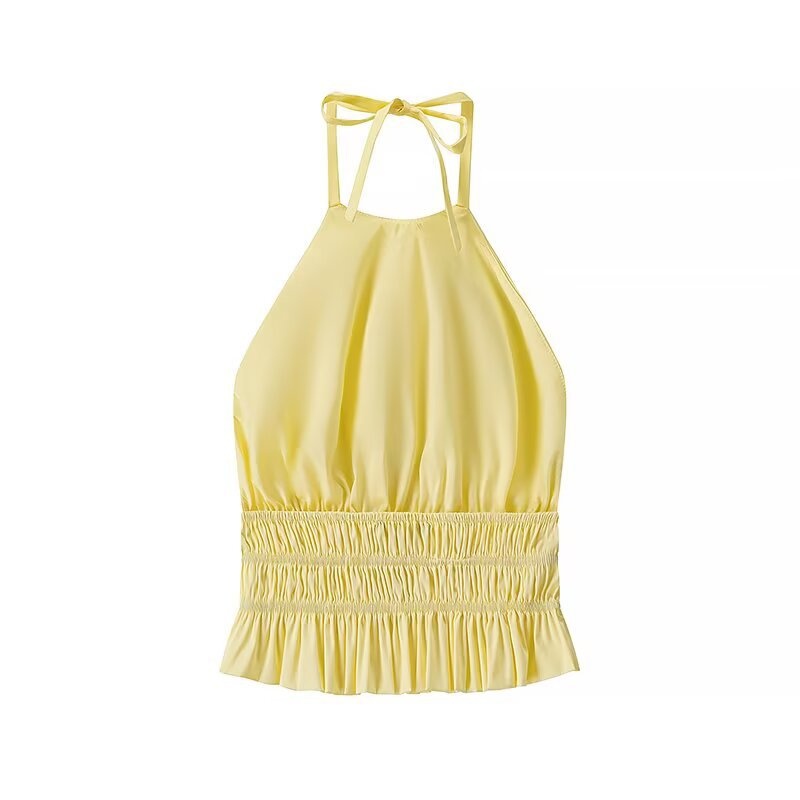 Elegante crop top giallo con scollo all'americana, orlo arricciato e volant.