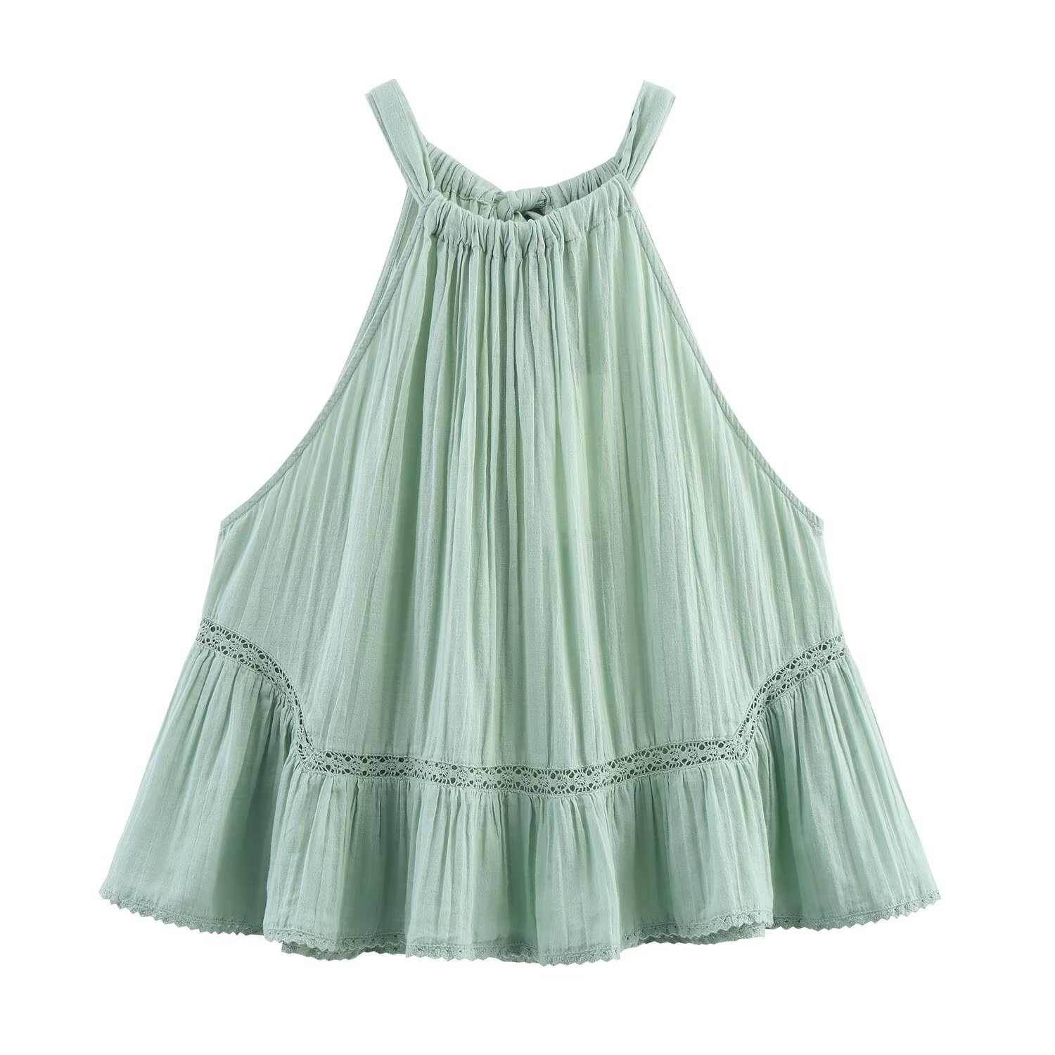Elegante top all'americana in tessuto stropicciato con volant e finiture in pizzo.